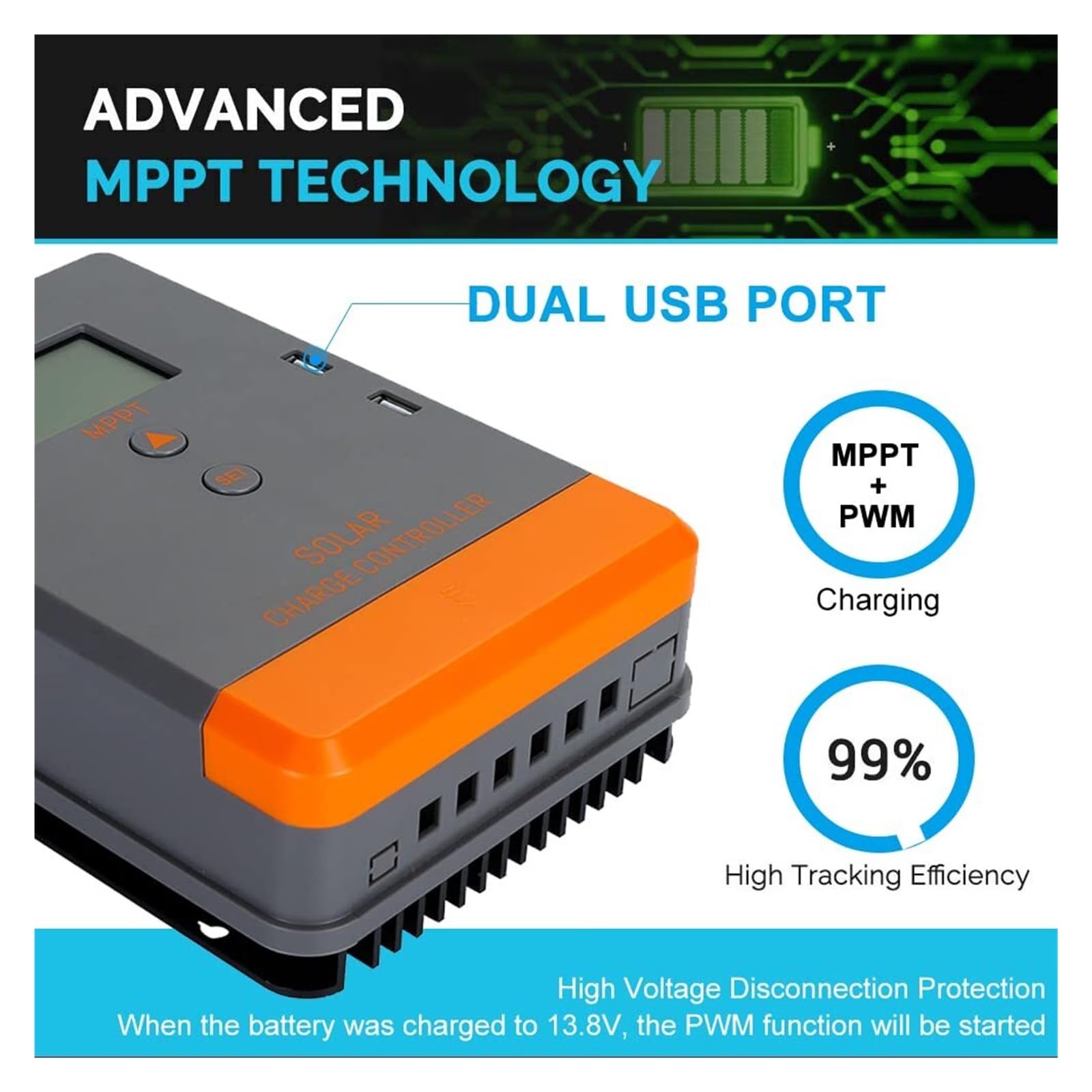 Controlador De Carga Solar MPPT, Regulador Batería Automático 12V 24V, 40A, 30A, 20A, Máx. PV, 100V, 75V, 50V, Pantalla LCD, USB Dual(MPPT 20A)