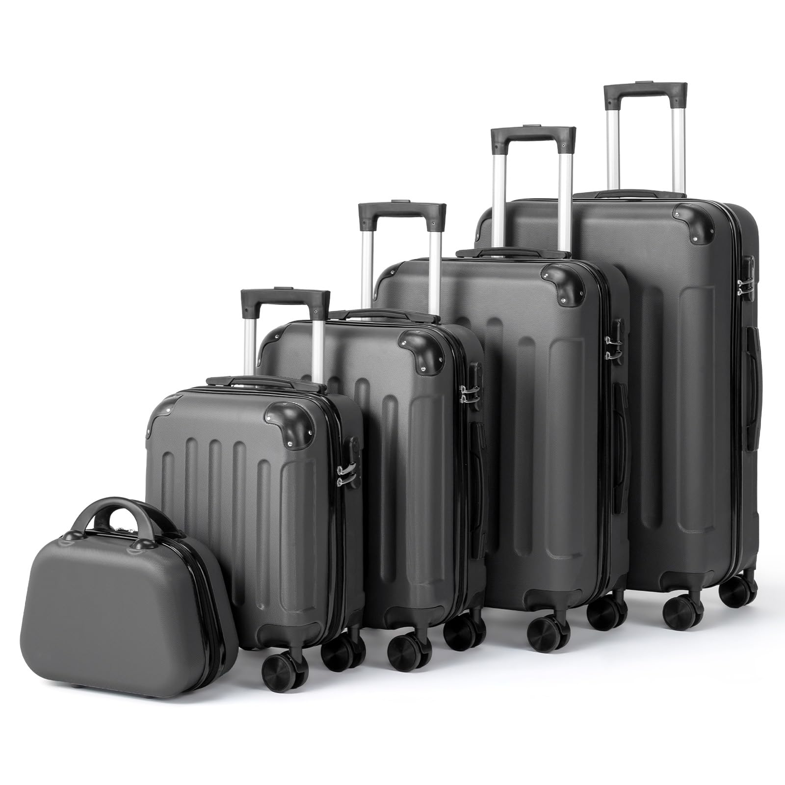 LALAHO Set de 5 Valises avec Vanity Case, Valise Grande Taille/Cabine avec Renforts d'angle, Petite Valise, Bagage Suitcase en ABS (Gris foncé)