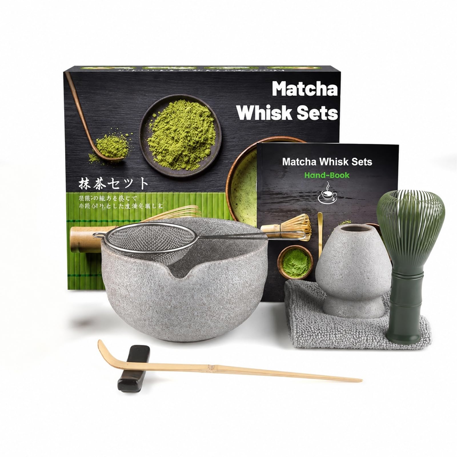 7 Piece Matcha Set, Green Resin Matcha Whisk, Matcha Tea Set with Matcha Spoon, Whisk Holder, Matcha Broom, Shovel, Strainer, Matcha Accessories Japanese Tea Ceremony, Grey-White — image 1