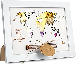 Powmag Bilderrahmen Hochzeit Geldgeschenk, Weltkarte Hochzeit Geldgeschenke Personalisiert, Hochzeitsgeschenke Geld mit Ständern Briefköpfe, Dekorative Geschenkkarte Holz (Weiß)