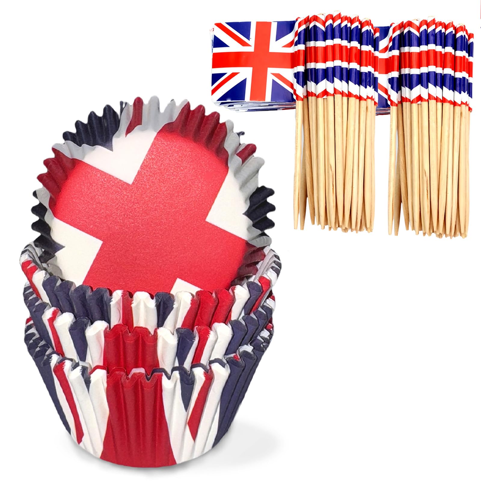 200Pcs Union Jack Cupcake Cases & Toothpick Flags for VJ Day 80th Anniversary Decorations, Britain Wrapper Paper Cake Case & Cupcake Toppers Cocktail Stick for Muffins and Cakes