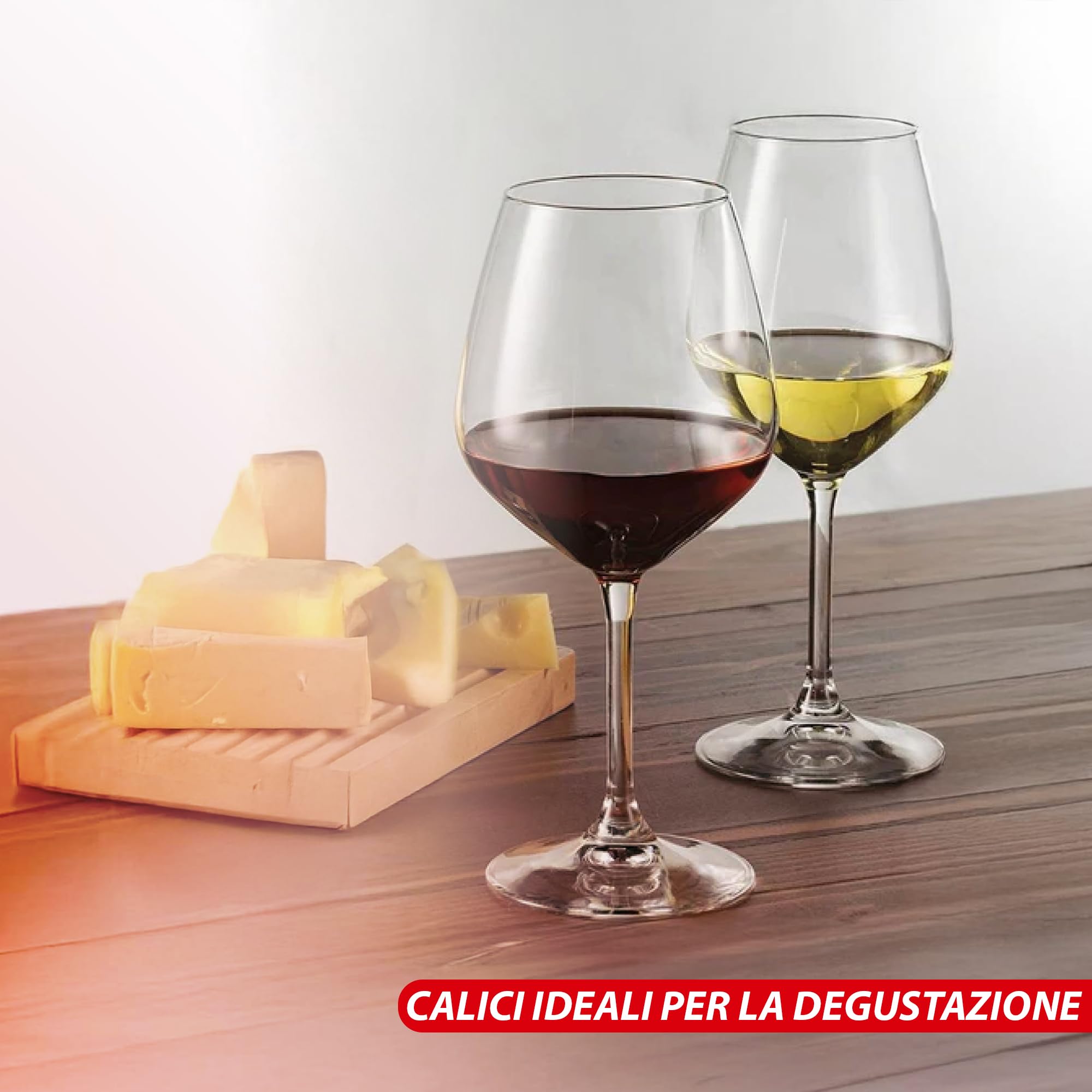 Sicignano | Juego de copas de vino tinto CL.53 + vino blanco 43,5 cl.43,5 Divino de cristal para 6 personas, transparentes, aptas para lavavajillas – regalo cubo champán negro 2 botellas, Made in