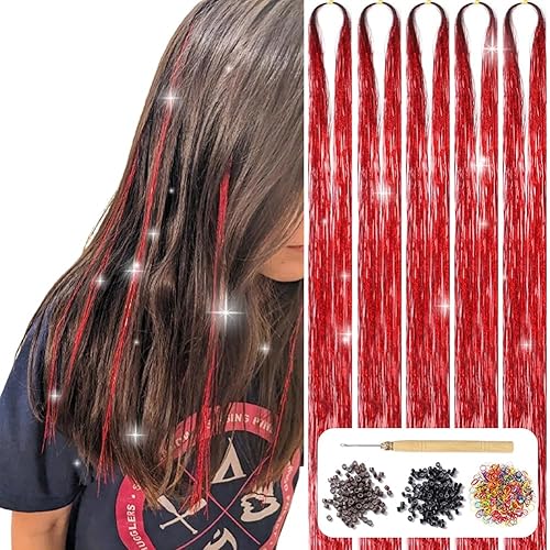 Miniatura 1 de Kit de oropel para el cabello con herramientas, extensiones de cabello de oropel con purpurina roja, 48 pulgadas, 1200 hebras de cabello de hadas,
