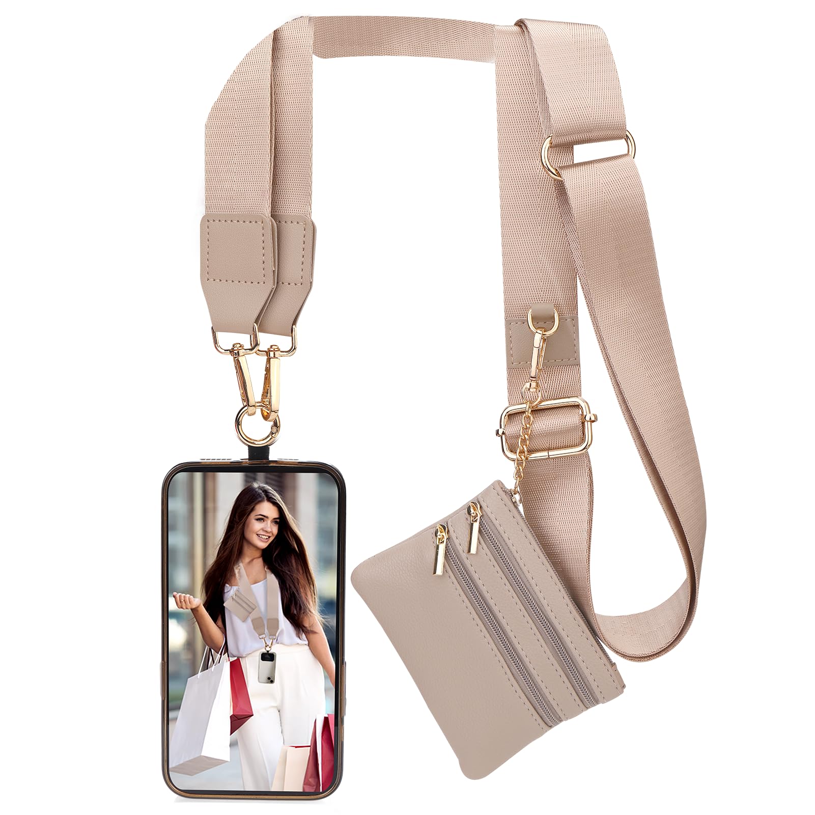 XANGNIER Clip and Go Strap for Phone with Wallet Crossbody, Phone Strap with Zippered Wallet, Adjustable Anti Theft Cellphone Lanyard for Women,