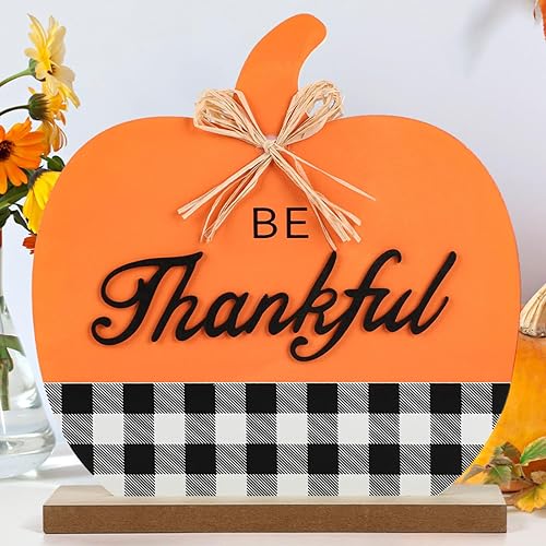 Letrero grande de calabaza de doble cara con texto en inglés Hello Fall, Be Thankful Autumn Buffalo Plaid Wood, mesa de madera para sala de estar,