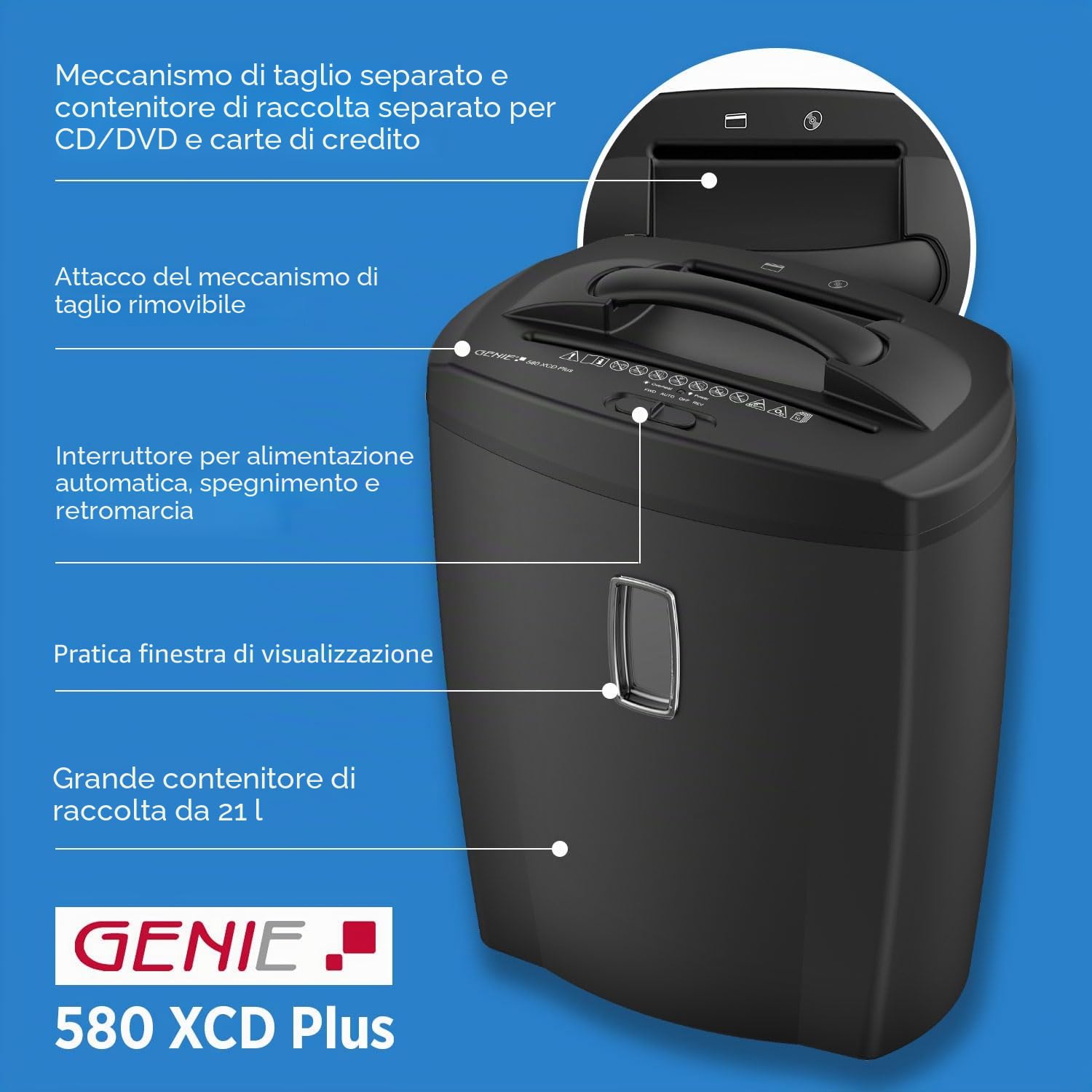 GENIE 12218 580 XCD PLUS Distruggidocumenti, Taglio Trasversale, Capacità 10 Fogli, Distruggi CD, Contenitore da 21 litri, Livello di Sicurezza P4, Nero