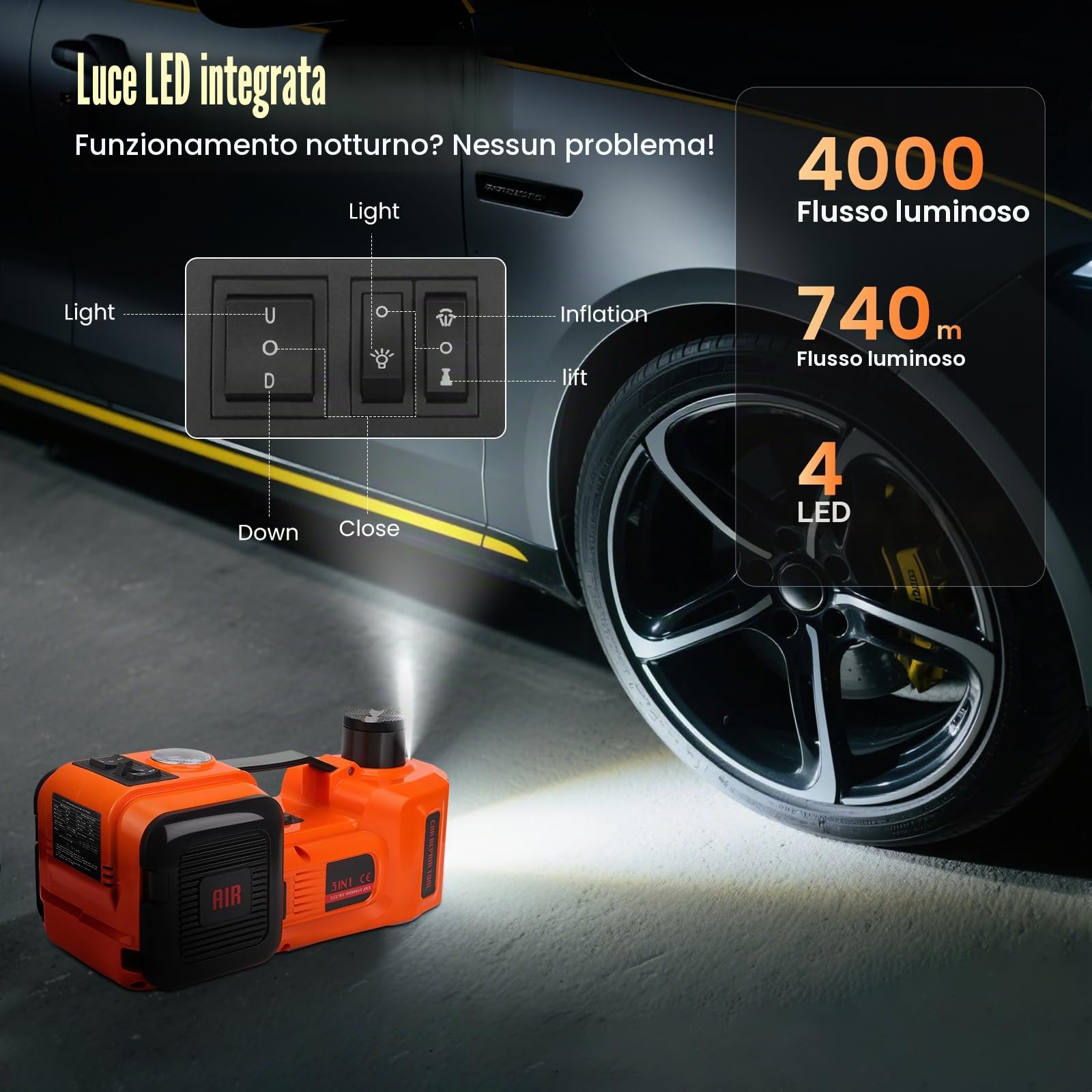 Martinetto Idraulico Elettrico 5T 12V, Intervallo di Sollevamento 15–54 cm, Strumento Portatile per Auto/SUV/Camion, Cambio Ruota di Emergenza e Riparazione in Garage