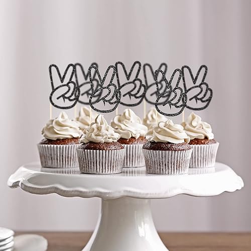 Miniatura 4 de 24 piezas de letrero de paz de mano para cupcakes Peacekeeper Cupcake Picks Glitter Peace Sign Decoración para pastel de mano Paz Decoración de