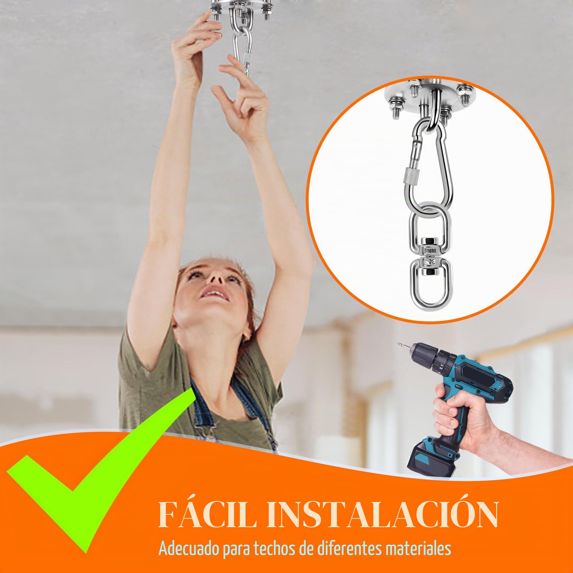 Gancho de Techo, Soporte de Techo para Saco de Boxeo de Acero Inoxidable de hasta 400 kg, Colgante Soporte 360° Rotación con Anillo M8, para Saco de Boxeo, Hamacas, Yoga, Silla Colgante