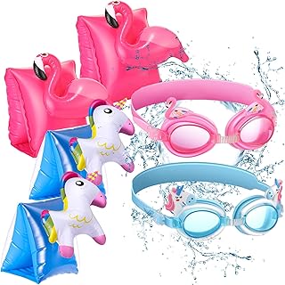 4 Packs Inflatable Swim Arm Floaties for Kids Cartoon Swimming Arm Bands Floater Sleeves Flamingo Unicorn Swim Arm Floats and Cute Sports Swimming Goggles for Kids Toddlers Children, Blue, Pink