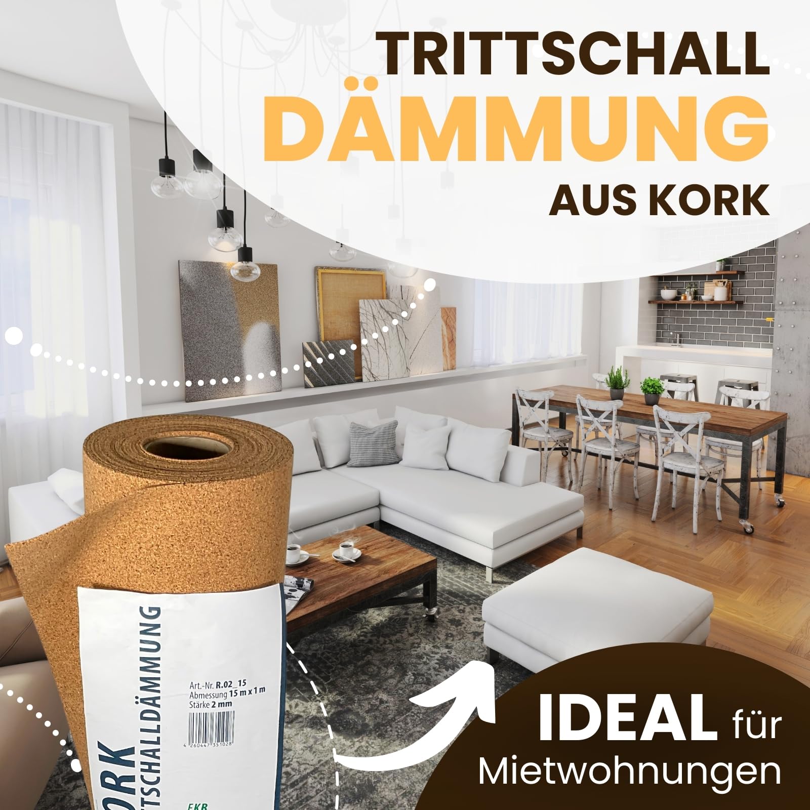 Trittschalldämmung 15x1m 2mm stark I natürliche Dämmunterlage I Rollenkork für Parkett & Laminat I Trittschallreduktion aus nachwachsendem Korkmaterial I Umweltfreundliche Trittschalldämmung