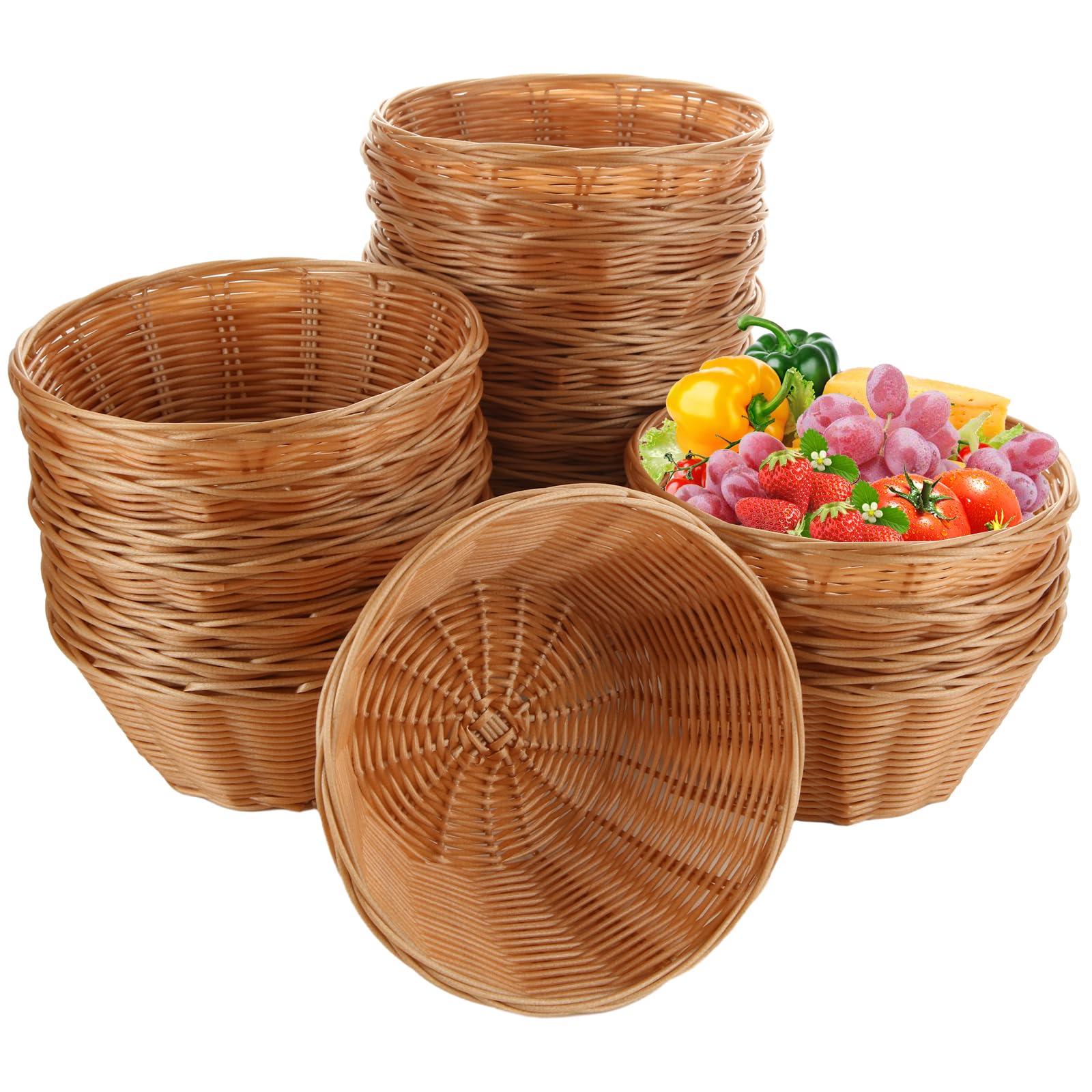 LANIAKEA 25PCS Woven Bread Basket, 7 Inch Plastic Round Basket Small Gift Baskets, Food Storage Basket Bread Baskets for Serving, Vegetables, Fruits,