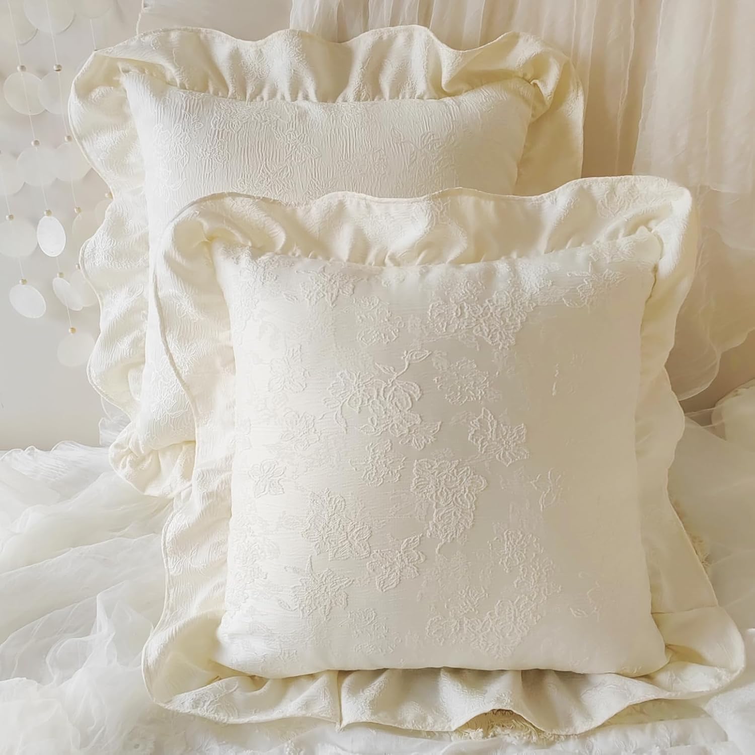 Vintage Court Throw Pillow Covers,Jacquard Floral Ruffle Pillowcase,Shabby Pillowcase,Cottage Chic Decor, Gift for Her,18x18 Inch,2 Pieces,Creamy White