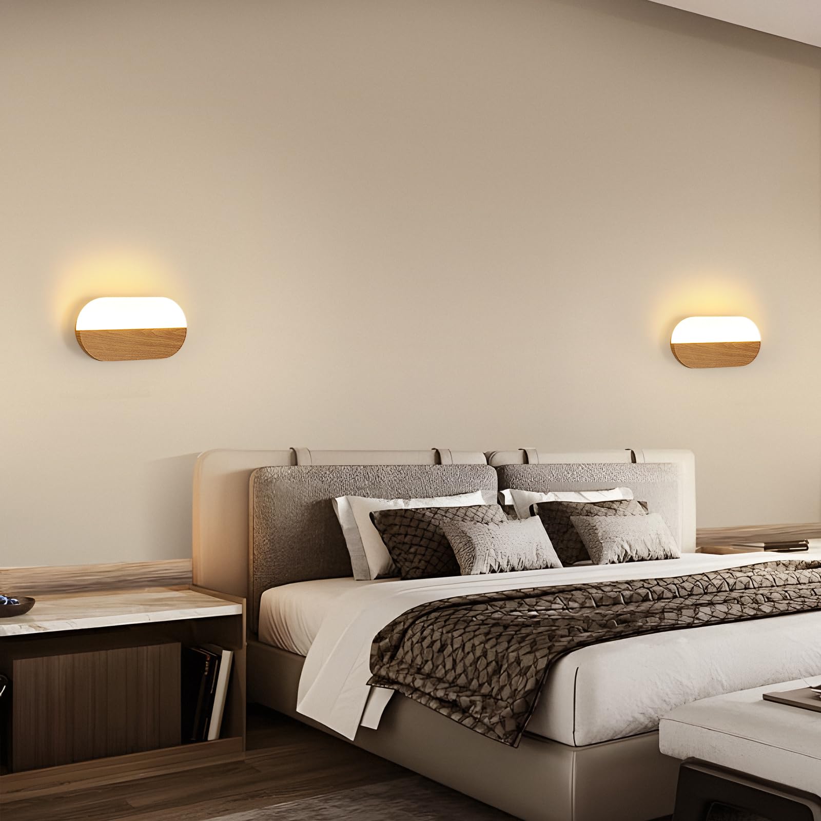2 Pezzi Applique da Parete Interno LED | Lampada da Parete Moderno in Acrilico Effetto Legno, per Soggiorno, Camera da Letto, Corridoio