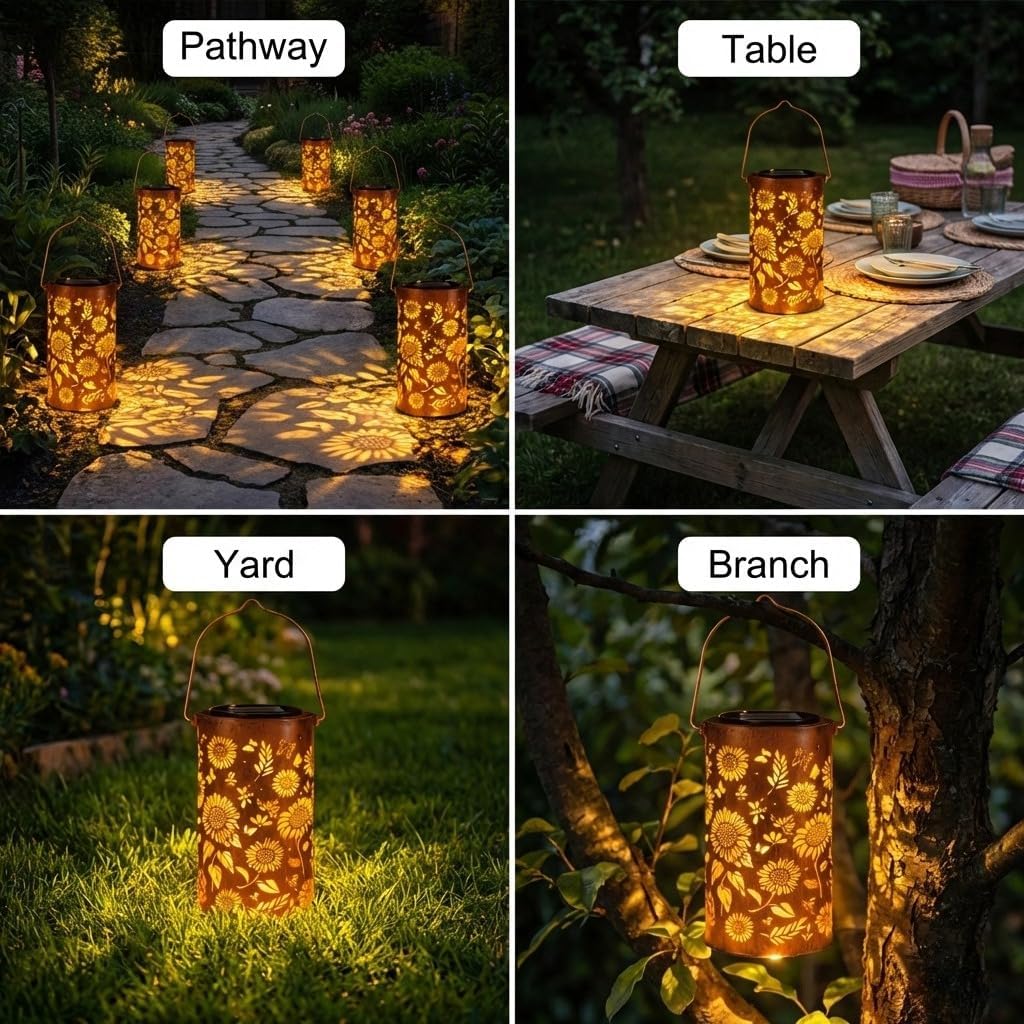 Colorful Sunflower Glow Solar Garden Lantern, IP65 Waterproof Metal Outdoor Hanging & Standing Solar Lantern, Solar-Powered Garden Lights Decor for Patio Pathway, Birthday Gifts for Women