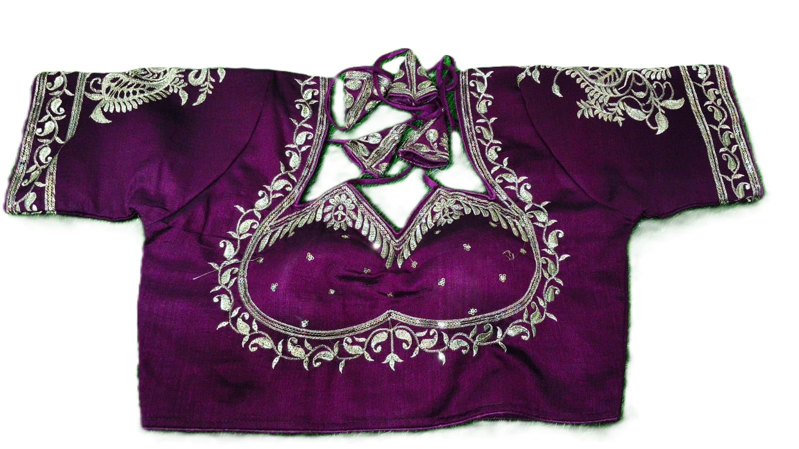 purnima boutique Embroidered Vichitra Pad Blouse, Green, Silver Embellishments, Back Tie-Up Design, Traditional Indian Wear | Size Alterable-picture-28