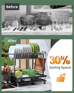 Dish Drainer Rack, 2 Tier Dish Drainer Rack Multifunctional, Rustproof Dish Racks with Drainboard, Space-Saving Utensil & Cup Holder for Kitchen Counter, Black