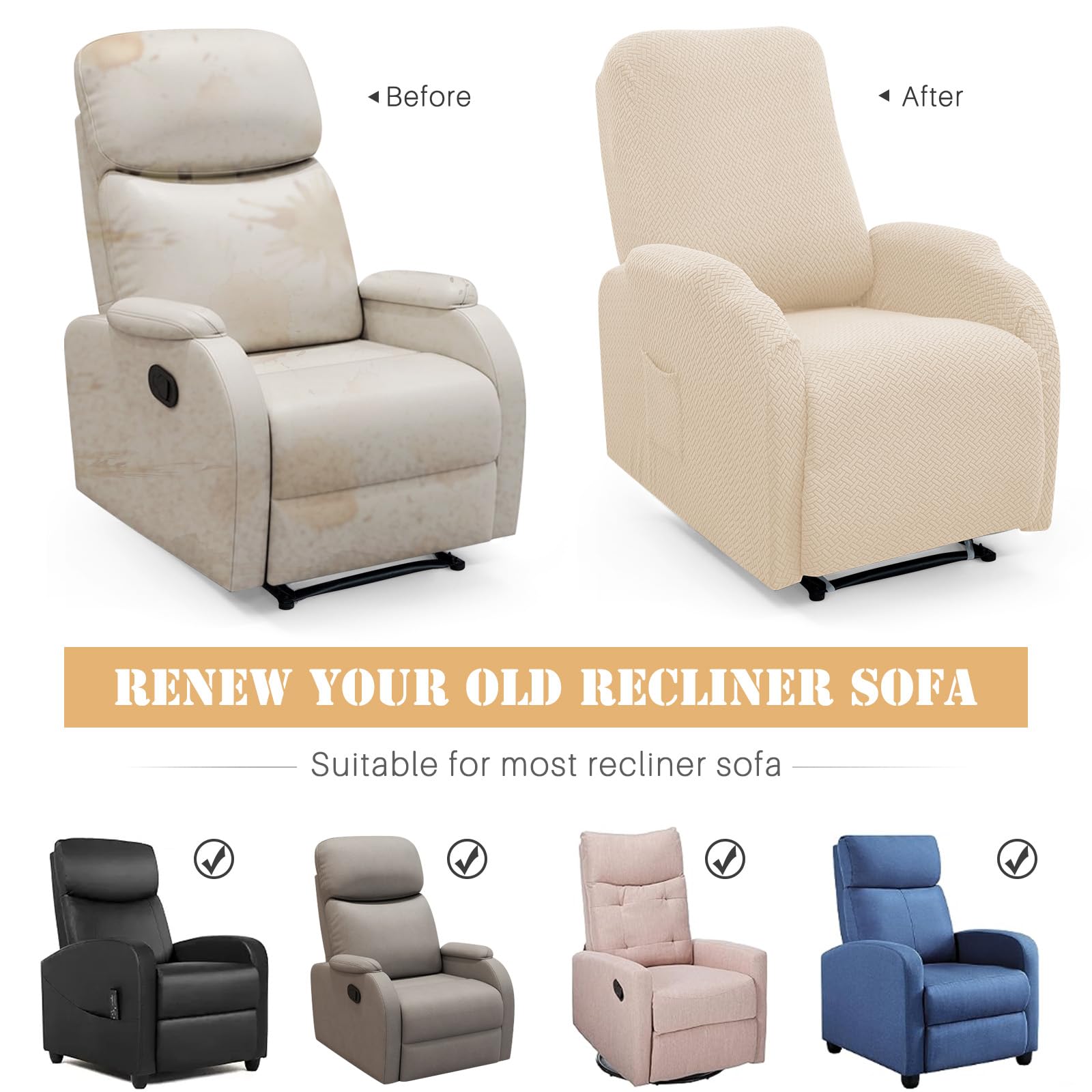 Twill Recliner Chair Covers, Stretch Polyester Spandex Recliner Cover 4 Pieces - Image 4