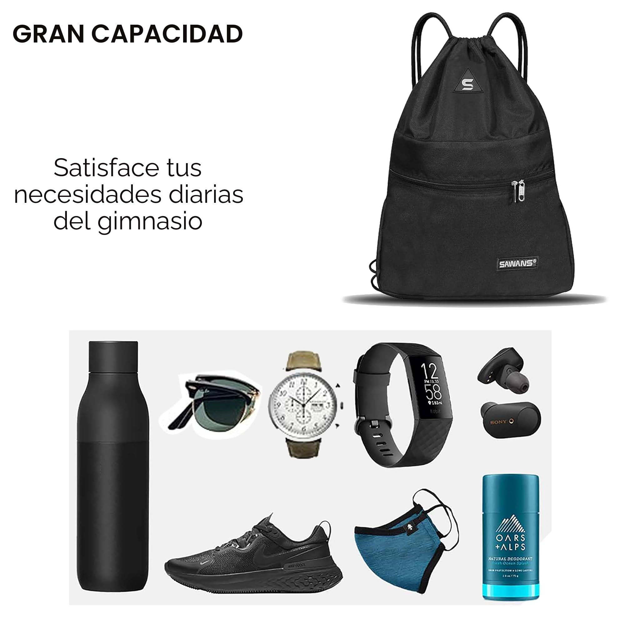 SAWANS Bolsa deportiva de gimnasio con cordón, bolsa impermeable con bolsillo para mujeres y hombres, kit de viaje para senderismo, escuela, estudiantes, bolsa de polietileno al aire libre (Negra)