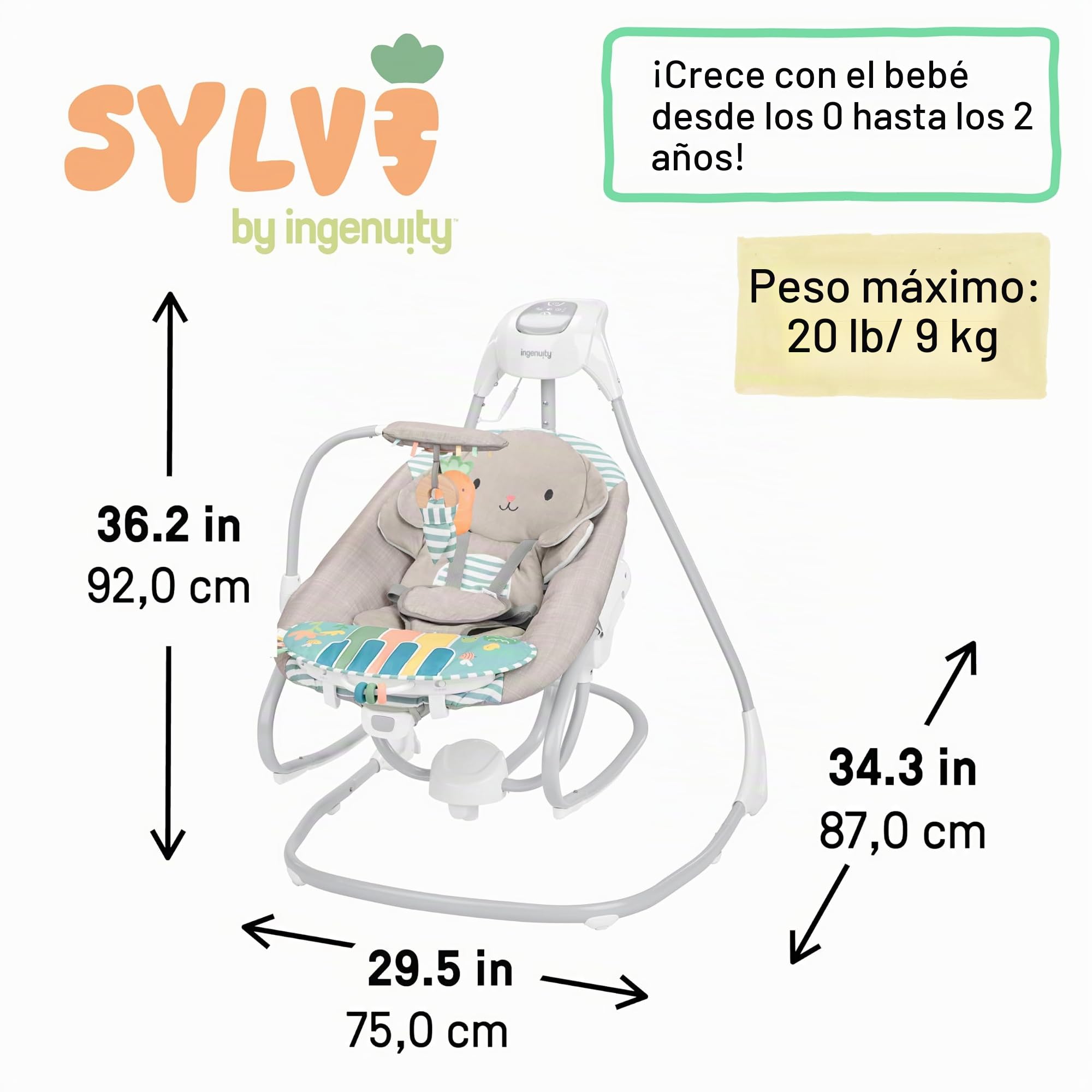 Ingenuity SimpleComfort Piano Playtime Columpio y Mecedora para bebés 4 en 1, 180 Grados y 3 direcciones, 0-24 Meses