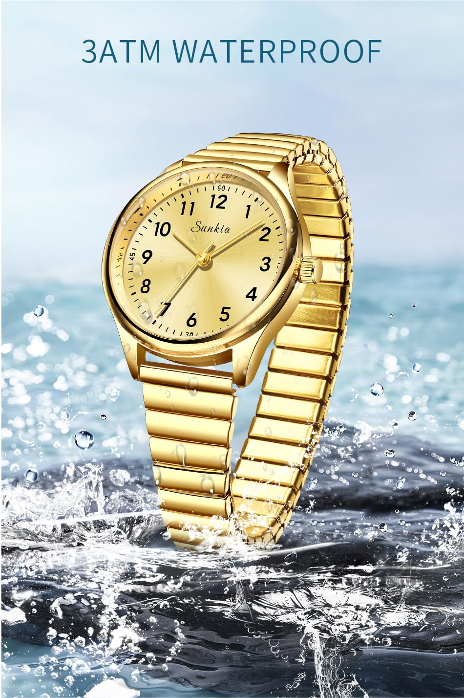 Gosasa Reloj de cuarzo fácil de leer para personas mayores, números grandes, calendario, resistencia al agua hasta 30 m, luminoso, reloj de pulsera de acero inoxidable para mujer y hombre