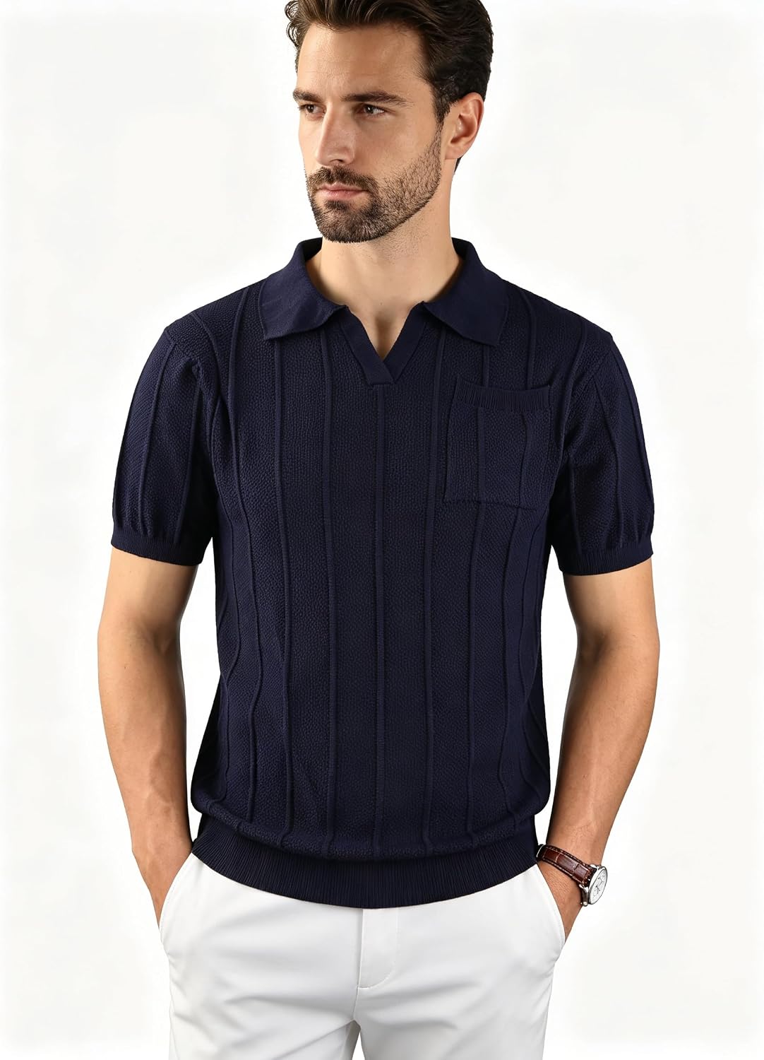 BAYAMO Mens Polo Sweater V Neck Short Sleeve Pullover Sweater Casual Knit Textured Sweater Navy XXL