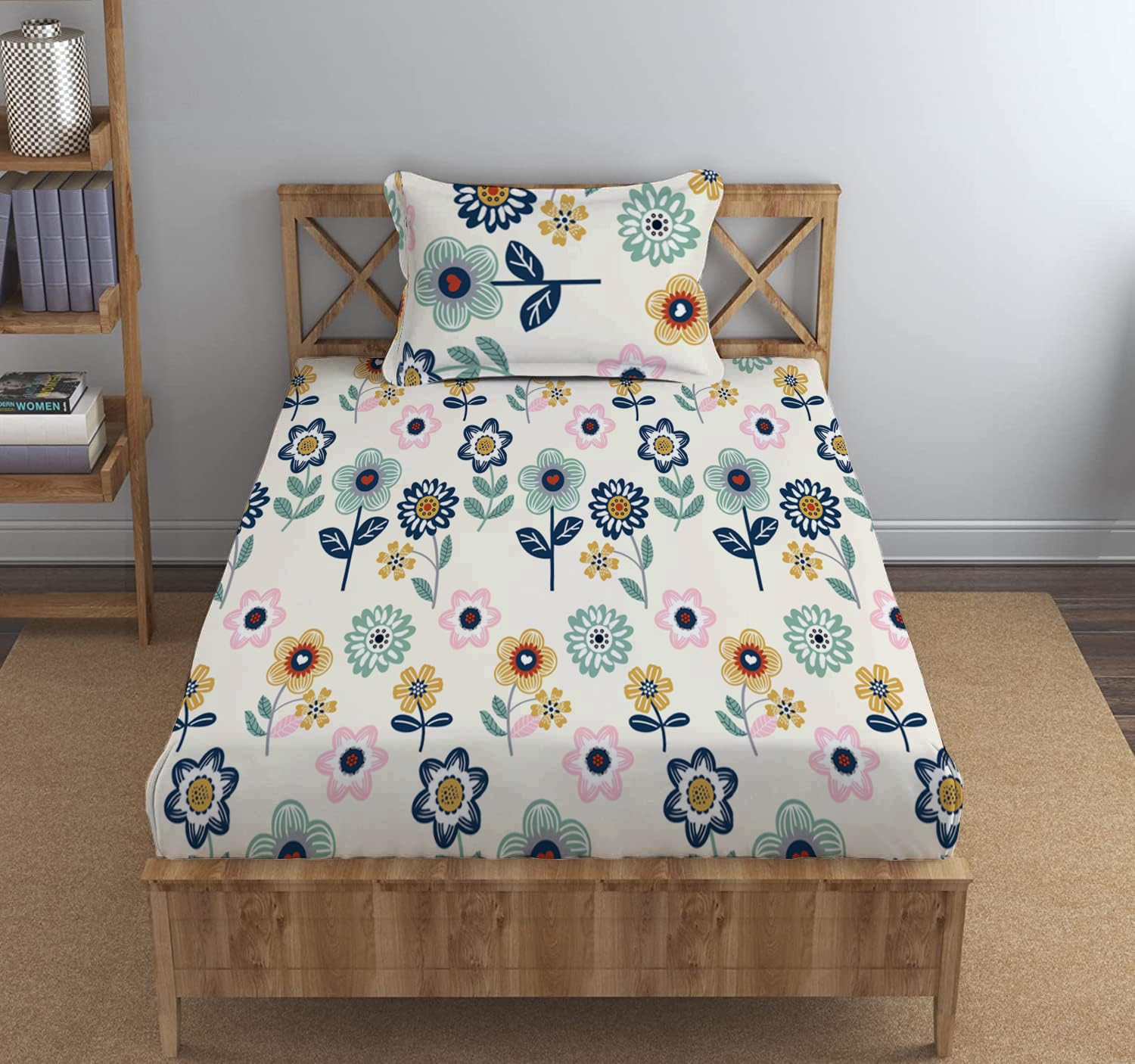 DECOMIZER Cotton Feel All Around Elastic Fitted Glace Printed Single Bed Bedsheet with 1 Large Pillow Cover Fits Upto Mattress of 6 Inches,Size - 42 x 75 x 8 Inches, Blue Sunflower