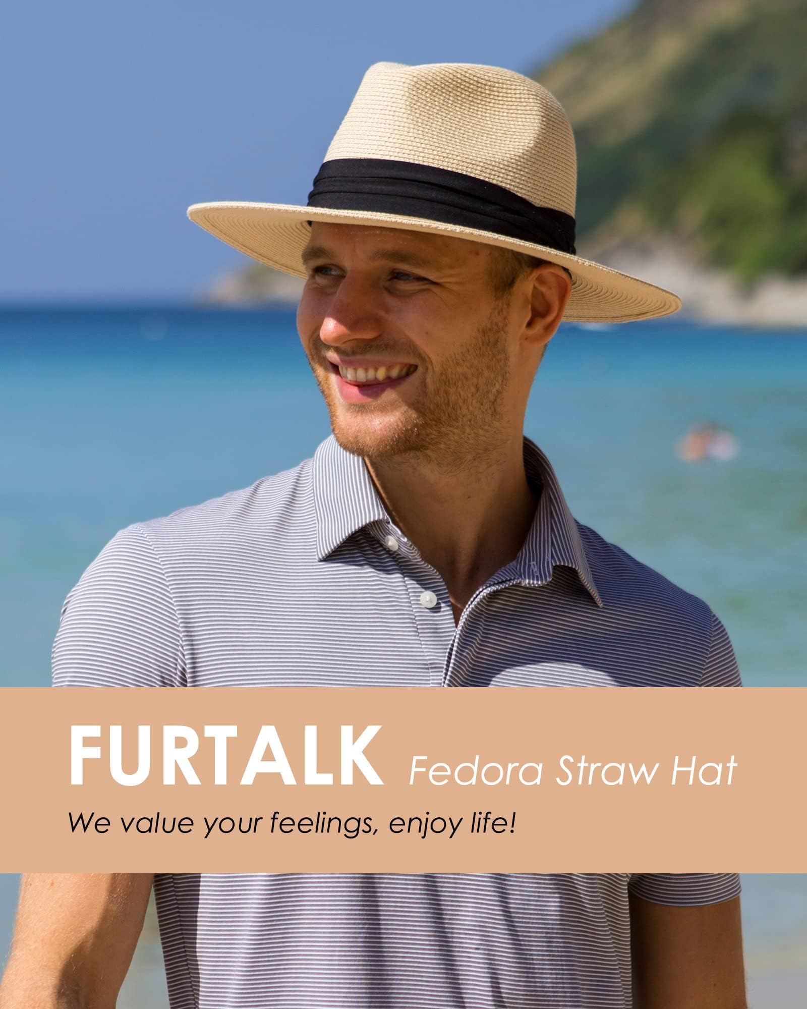 FURTALK Panama Unisexe Chapeau de Paille à Larges Bords Chapeau de Soleil pour Hommes et Femmes Chapeau de Paille Ajustable