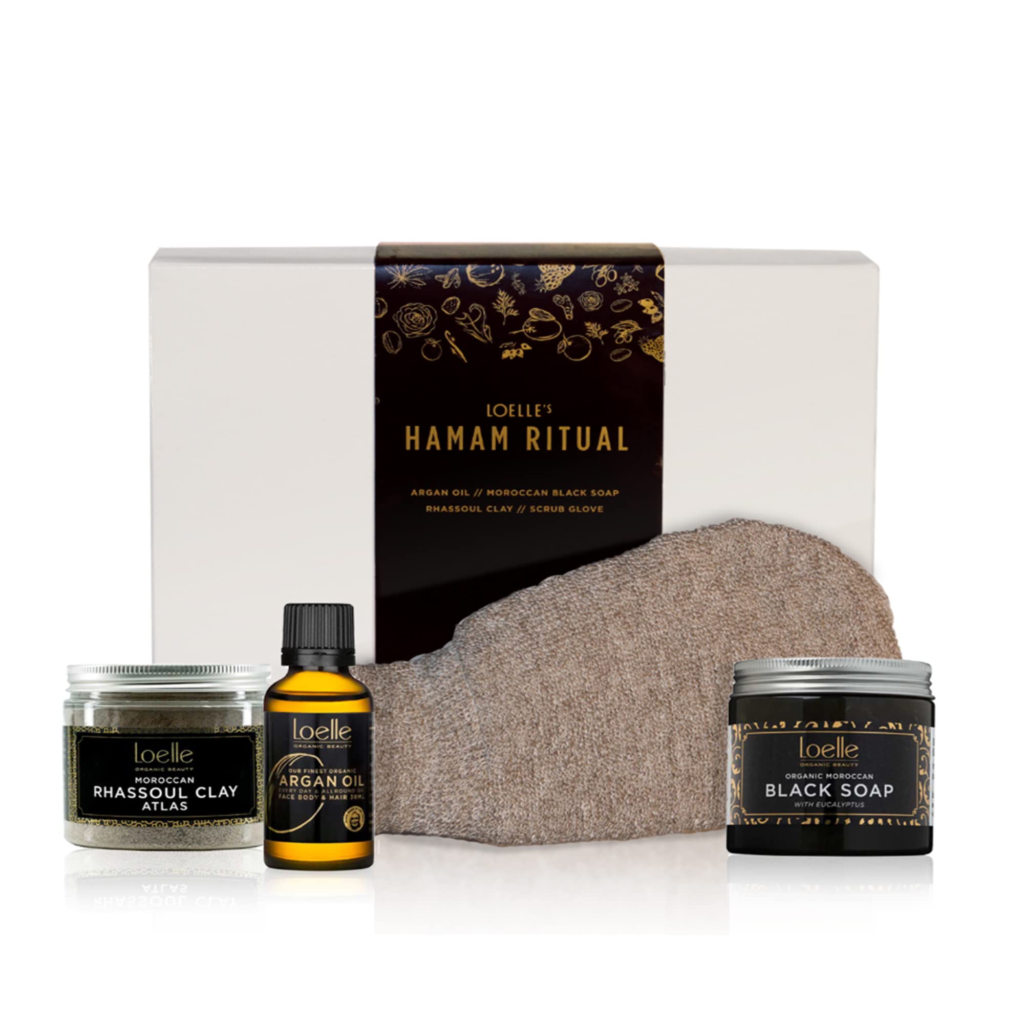 Loelle Hamam Ritual Geschenkbox - mit Arganöl 30 ml, marokkanischer schwarzer Seife 200 g, Rhassoul Ton 220 g & Leinen Peelinghandschuh, Geburtstagsgeschenk, Hautreinigung und klärendes Schönheitsset