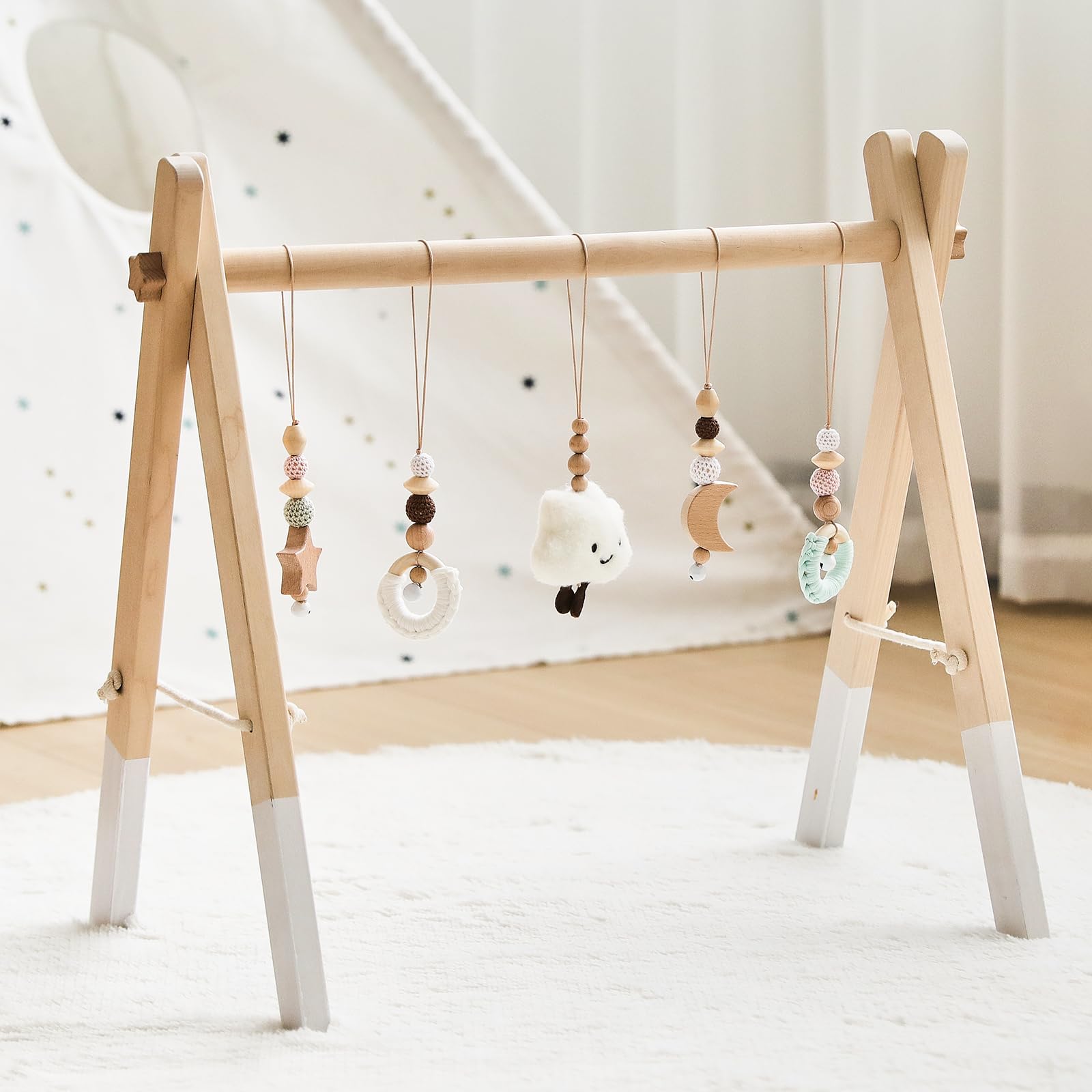 WOODEN TEETHER Arco da gioco per bambini in legno con 5 giocattoli sensoriali staccabili | Montessori Arco da gioco in legno Play Gym a partire da 0 mesi