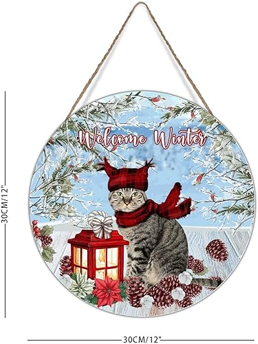 Miniatura 2 de Letrero de corona de flores de Navidad con escena de nieve de invierno, decoración de madera, letrero de bienvenida de gato de Navidad, letrero de