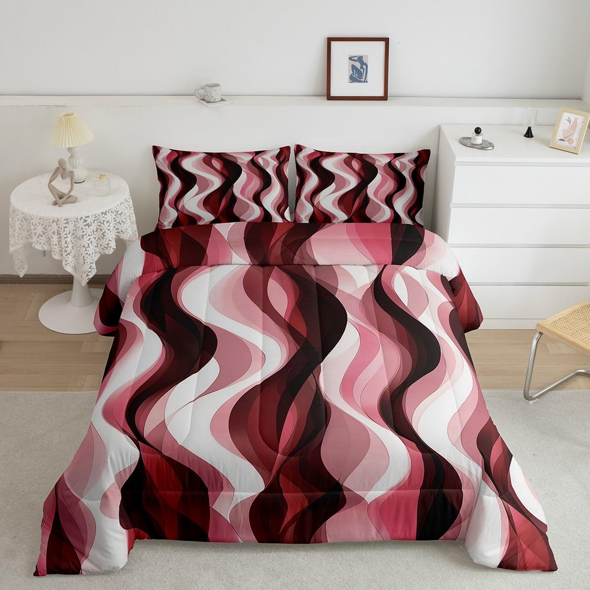 Erosebridal Red Black Striped Bedding Twin Size,Modern Geometric Abstract Comforter Set for Women Men,Minimalist Flowing Fluid Stripes Duvet Insert,Minimalist Contemporary Ombre Quilt