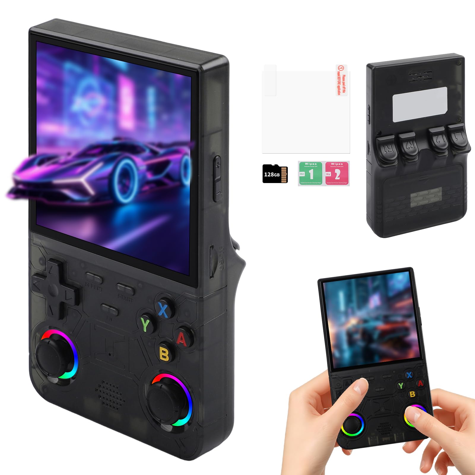Console de jeux portable R36 Ultra de 128 Go, écran HD de 4 pouces, console de jeux rétro portable pour enfants et adultes (couleur noire)