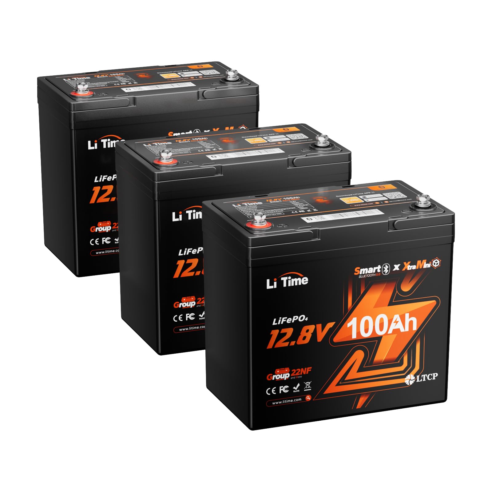 Litime 12V 100Ah Xtra-Mini LiFePO4 Battery for RV, Trolling Motor (3-Pack)