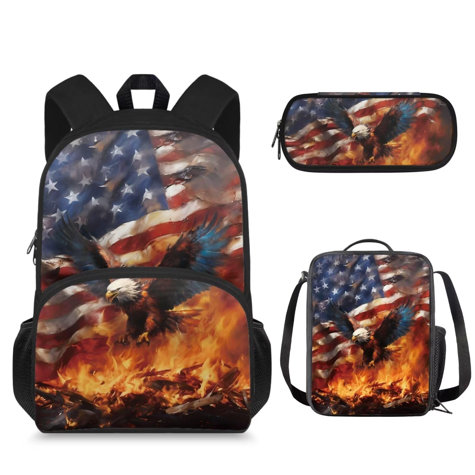 Jekioweii Eagle USA Flag Girls Boys Backpack Set 3 Pieces Independence Day School Bag with Lunch Box and Pencil Case for Student Middle Elementary