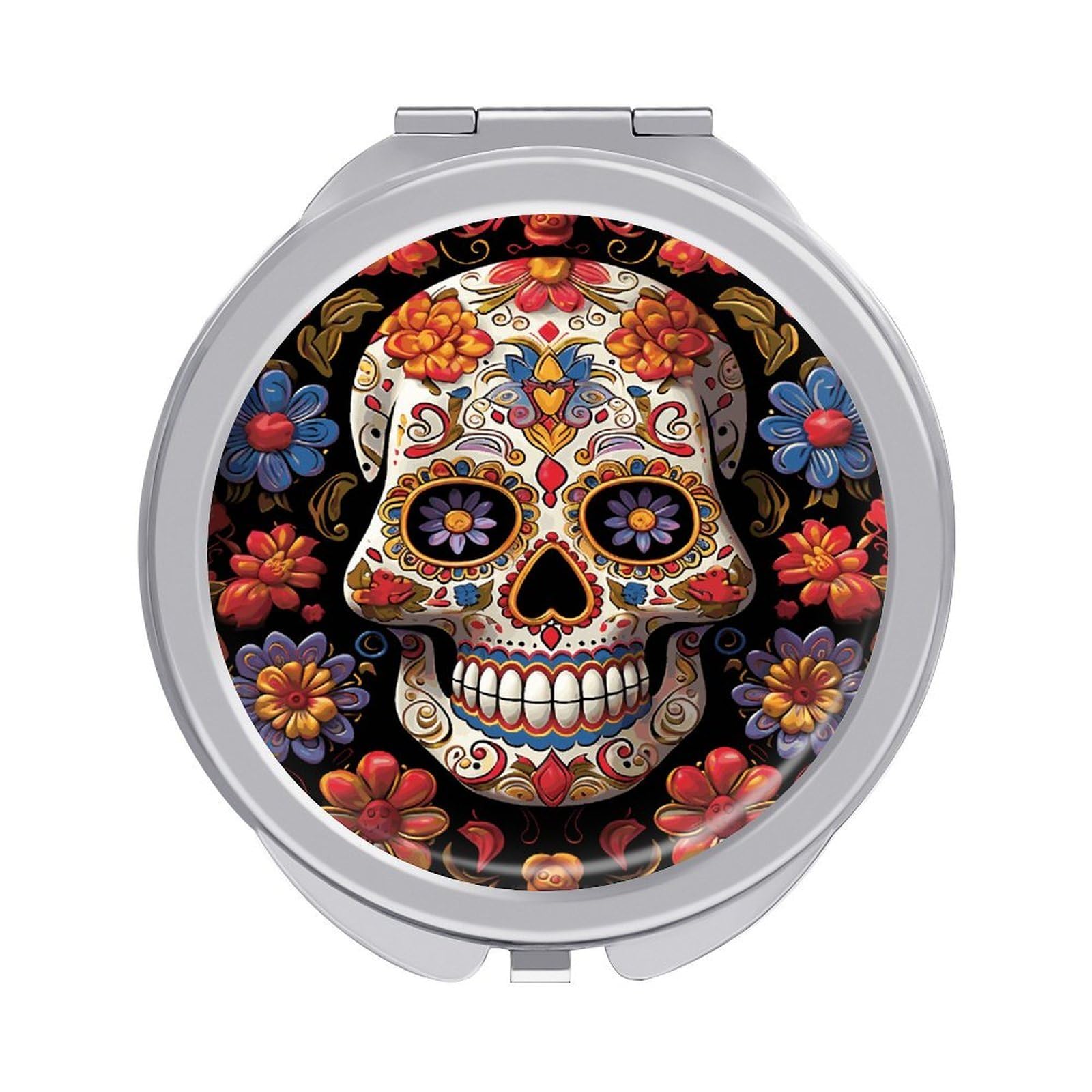 LDGSUPH Sugar Skulls Travel Makeup Mirrors Portable Compact Mirror Double-Sided 2X/1X Magnifying Folding Pocket Mirror Mini Round Handheld Mirrors for Home Outdoor