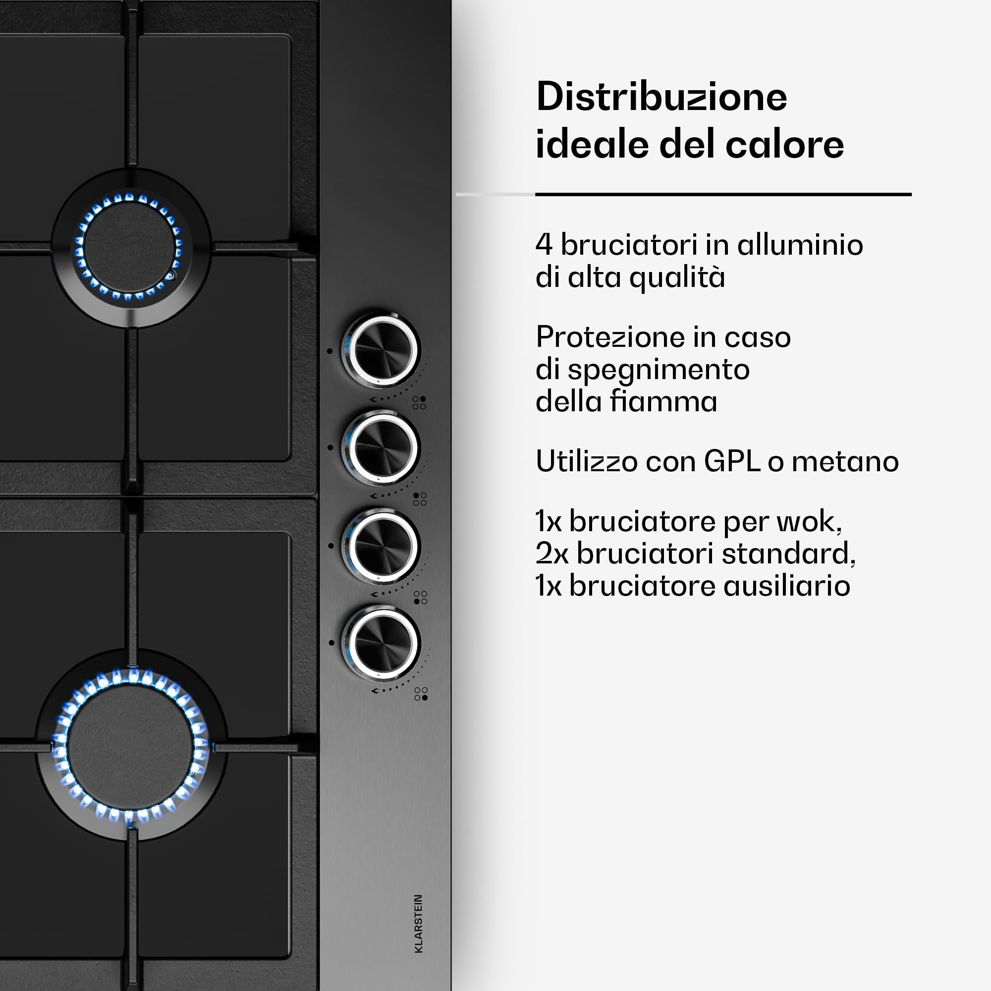 Klarstein Verosteel Piano Cottura Gas 60cm - 4 Fuochi, 8000W, Vetro & Acciaio Inox, GPL/Naturale, Accensione Elettrica, Sicurezza Fiamma, Fornello a Gas Cucina, Acciaio inossidabile nero