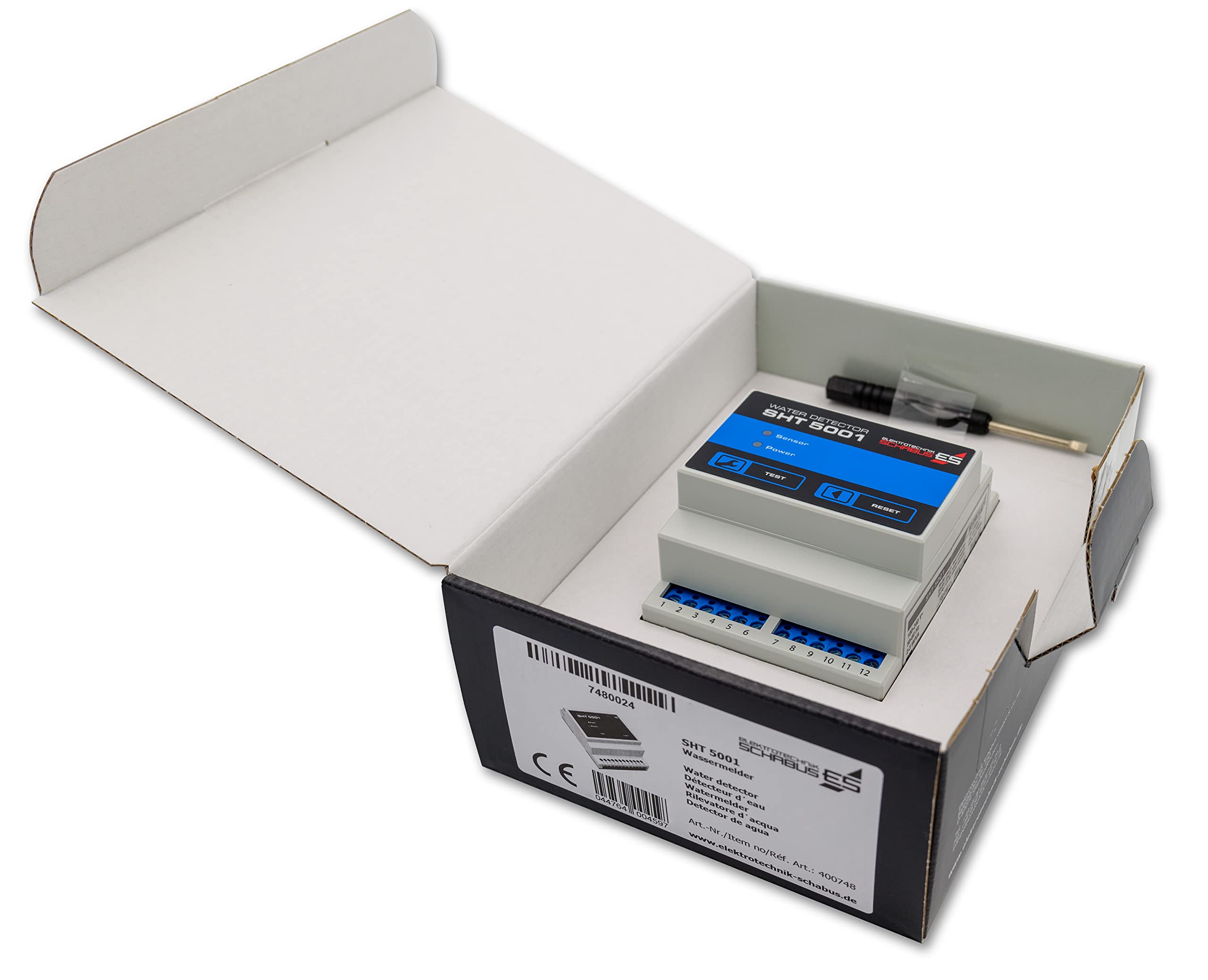 Schabus Wassermelder SHT 5001 DIN-Schiene, 2 Relais-Ausgänge | 2 Meldelinien, 12-24V DC, Professioneller Wasseralarm, Made in Germany