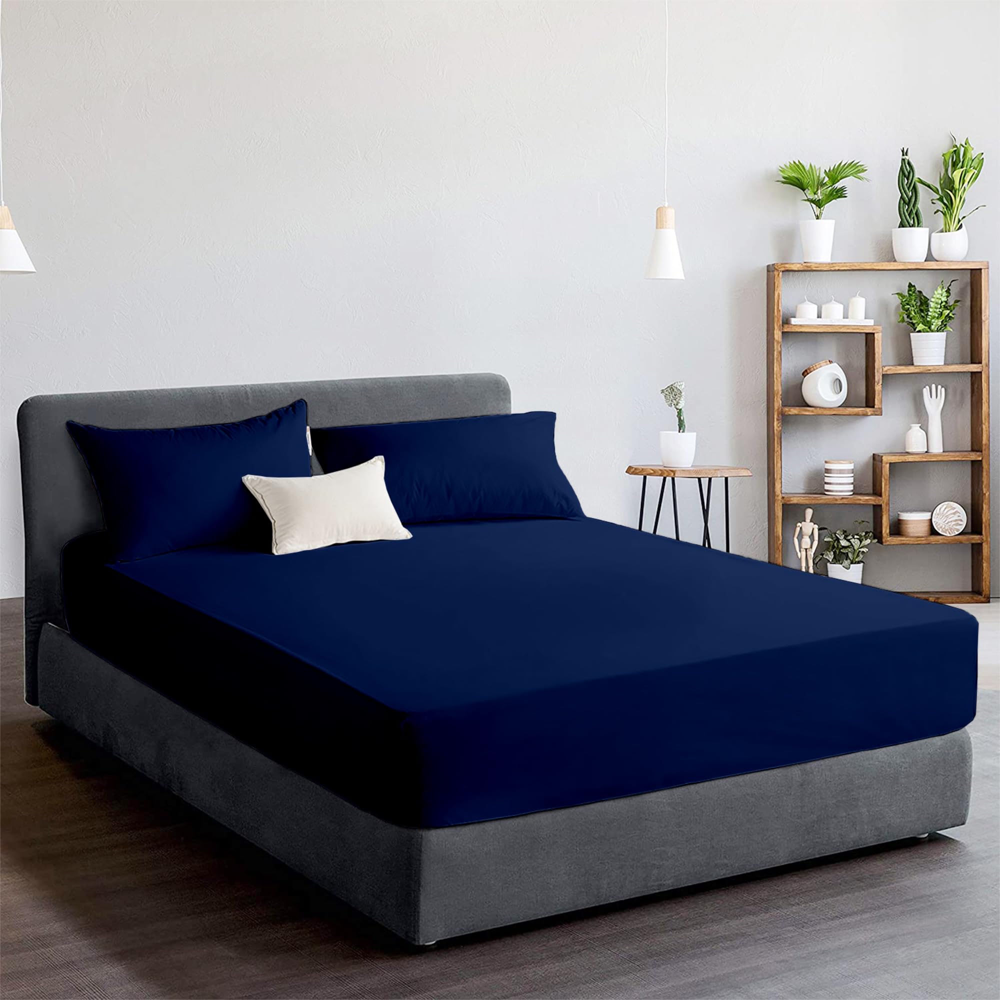 Ray Bedding Navy-Blue Fitted Sheet Small Double Bed, 190X122 25Cm Deep 400 Thread Count Hotel Quality 100% Egyptian Cotton Fitted Sheet, Small Double,