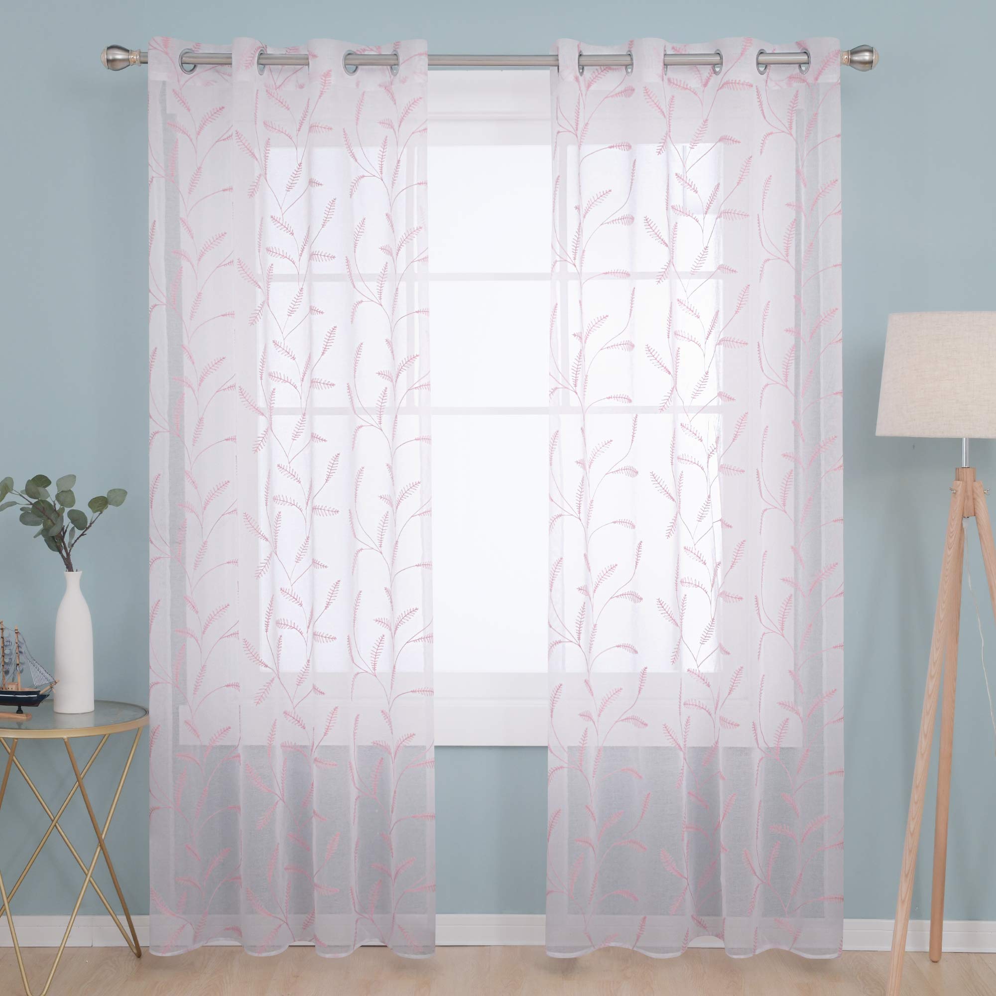 Deconovo Grass-Pink Faux Linen Embroidered Wheat Ears Floral Sheer Curtains Home Decorative Voile Curtains Eyelets Net Curtains For Bedroom 55 X 94 Inch Pink One Pair