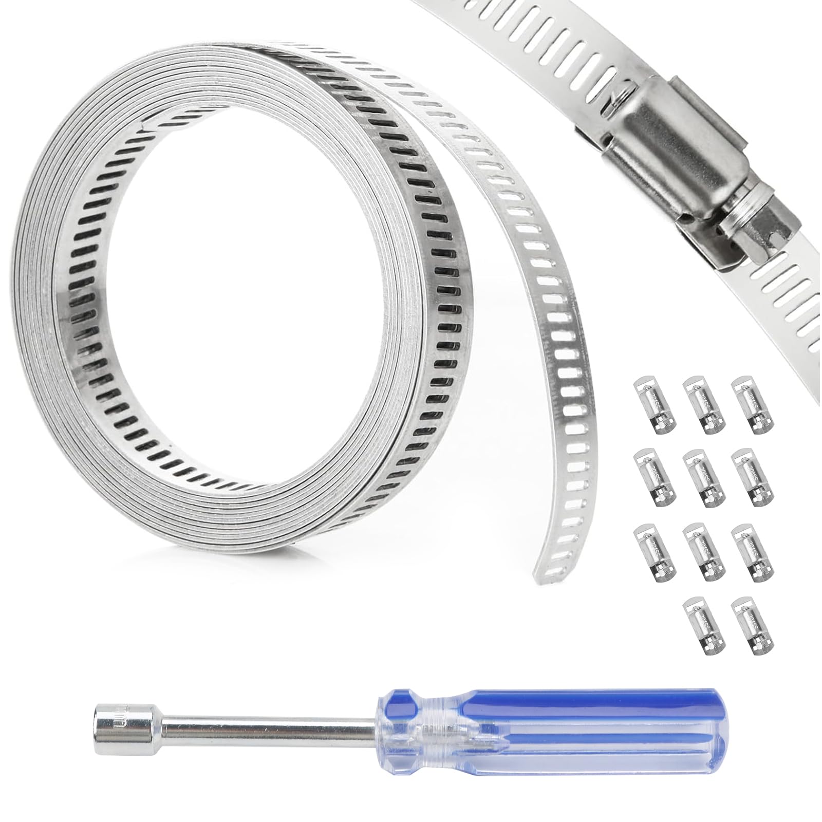 Hose Clamp 3.6 Meters, Stainless Steel Jubilee Clips with 11 Fasteners, with 8mm Blue Screwdriv, Adjustable Hose Pipe Clips