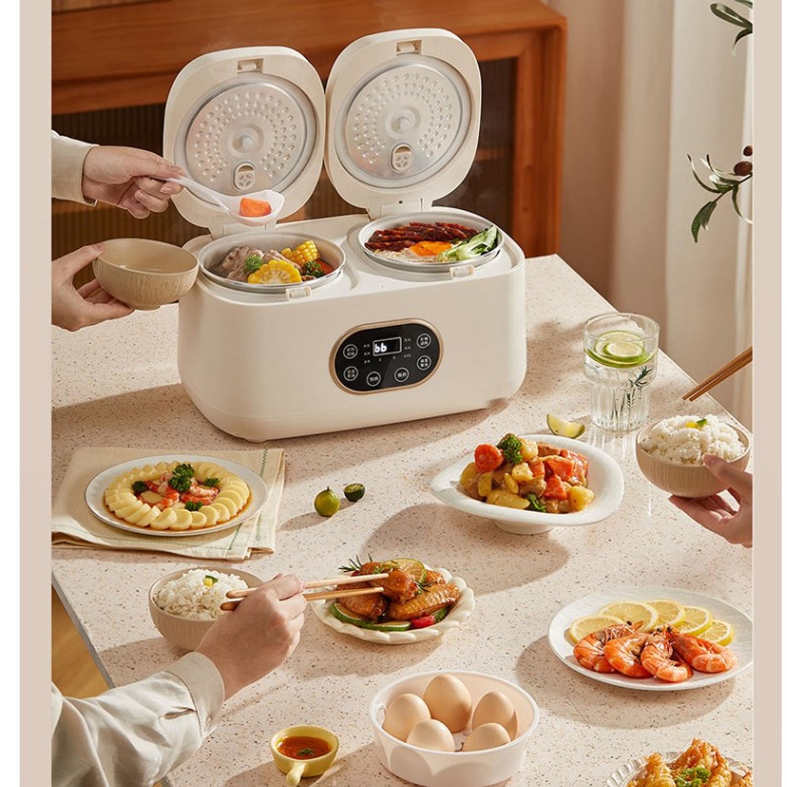 Jiawu Podwójna Wolnowar, 300 W, 2 L, Podwójny Elektryczny Garnek do Gotowania Ryżu, Serwer Bufetowy z wysuwaną pokrywką, Timer, Wyjmowany Garnek Ceramiczny do spotkań W kuchni. (Wtyczka amerykańska