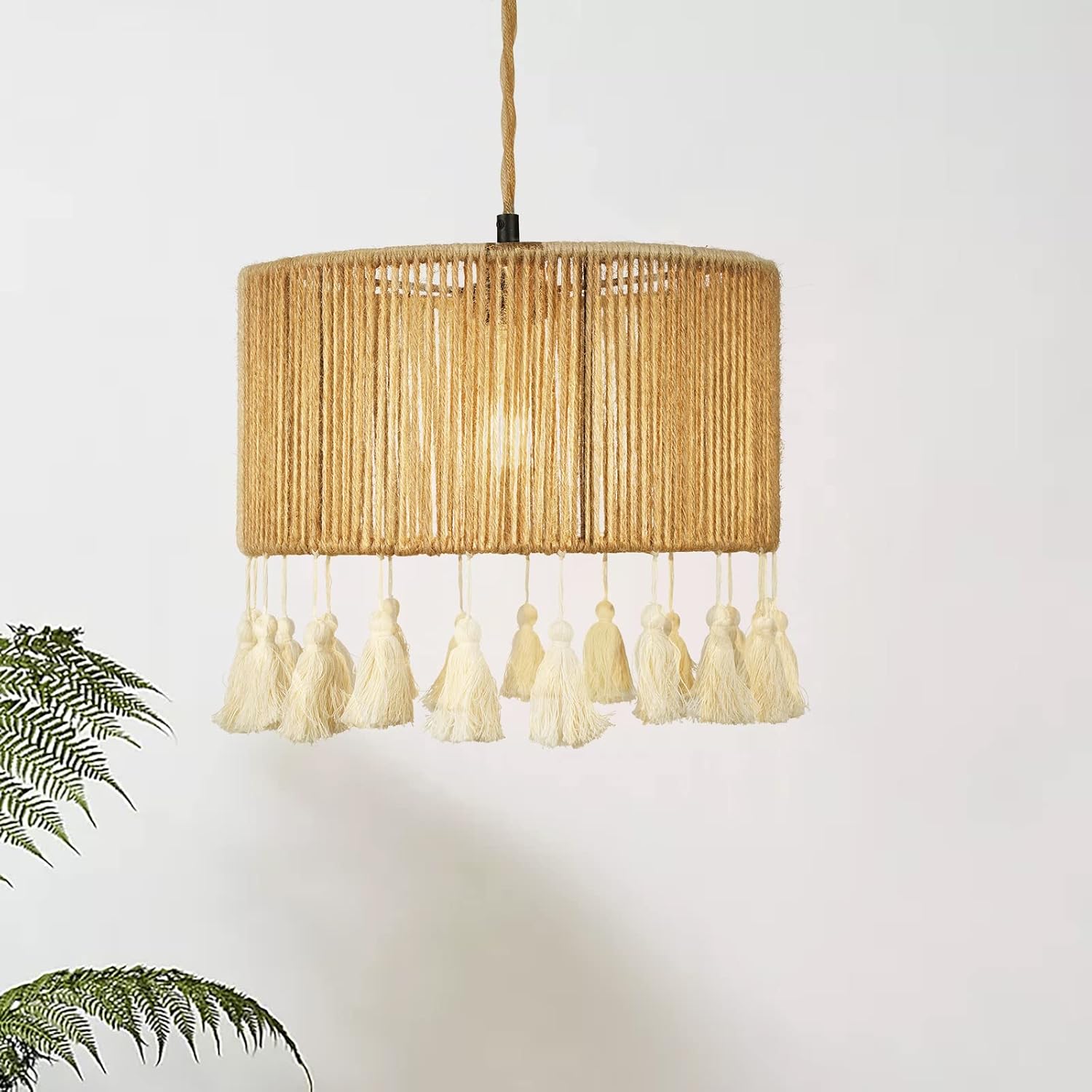 FRIDEKO HOME Hanging Lights with Plug in Cord - Plug in Pendant Light Boho Chandelier 15ft Hemp Rope Hanging Lamp with On Off Switch for Kitchen Island Bedroom Living Room