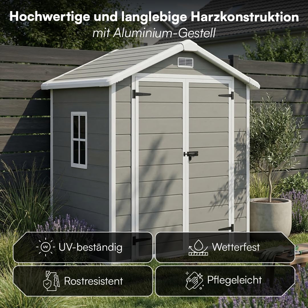 STEELSØN Novara Gerätehaus – Gartenschuppen mit Satteldach & Fenster – Gartenhaus 210x134x182 cm (HxTxB) – Geräteschuppen aus Kunststoff in Grau – Gartenhütte wetterfest & rostfrei – Schuppen
