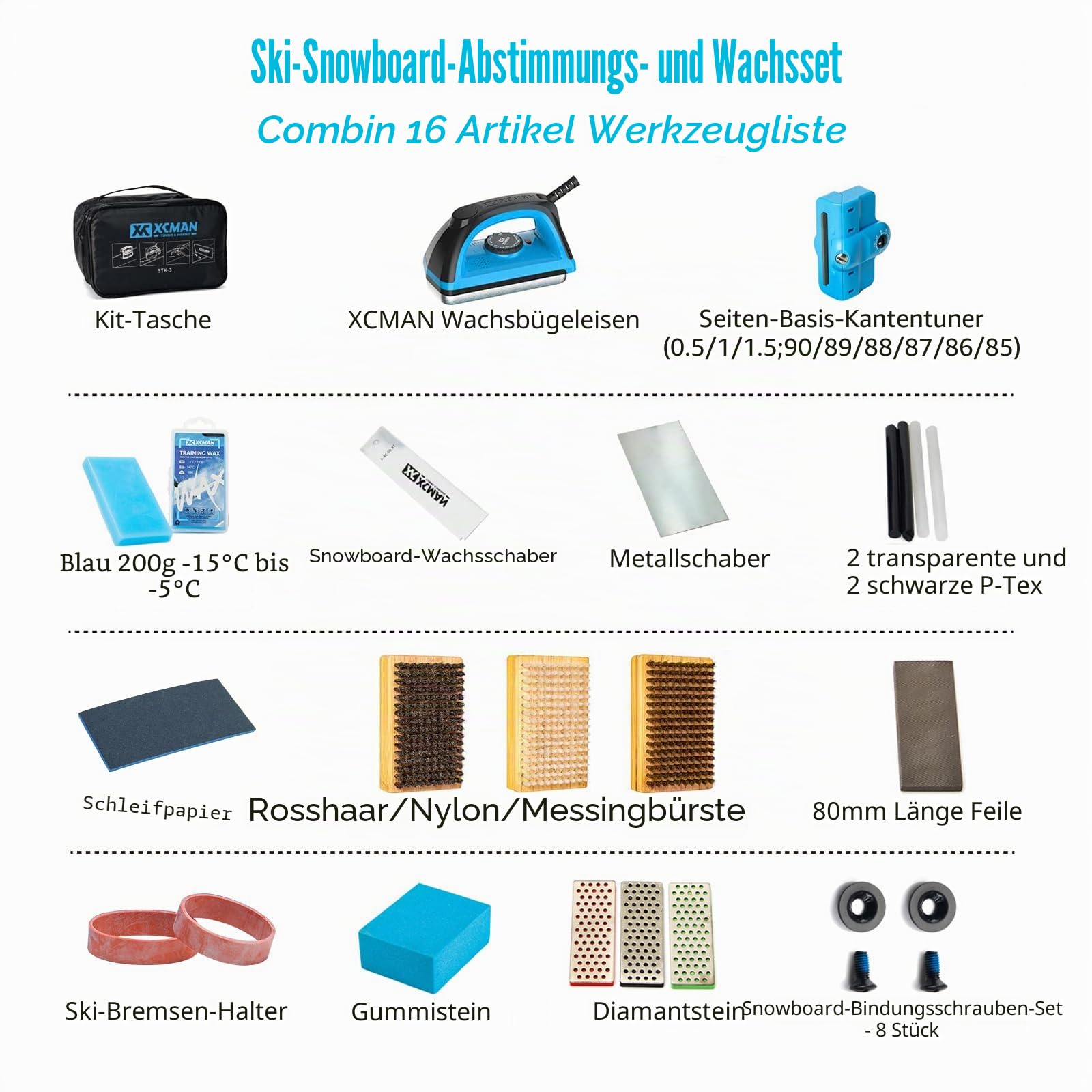 XCMAN Komplettes Ski-/Snowboard-Tuning-Kombi-Set mit Wachseisen, Skiwachs, Seitenbodenkanten-Stimmgerät, Ptex-Basis-Reparatur, Gummistein, Diamantsteine für Ski, Snowboard, EdgeTuning