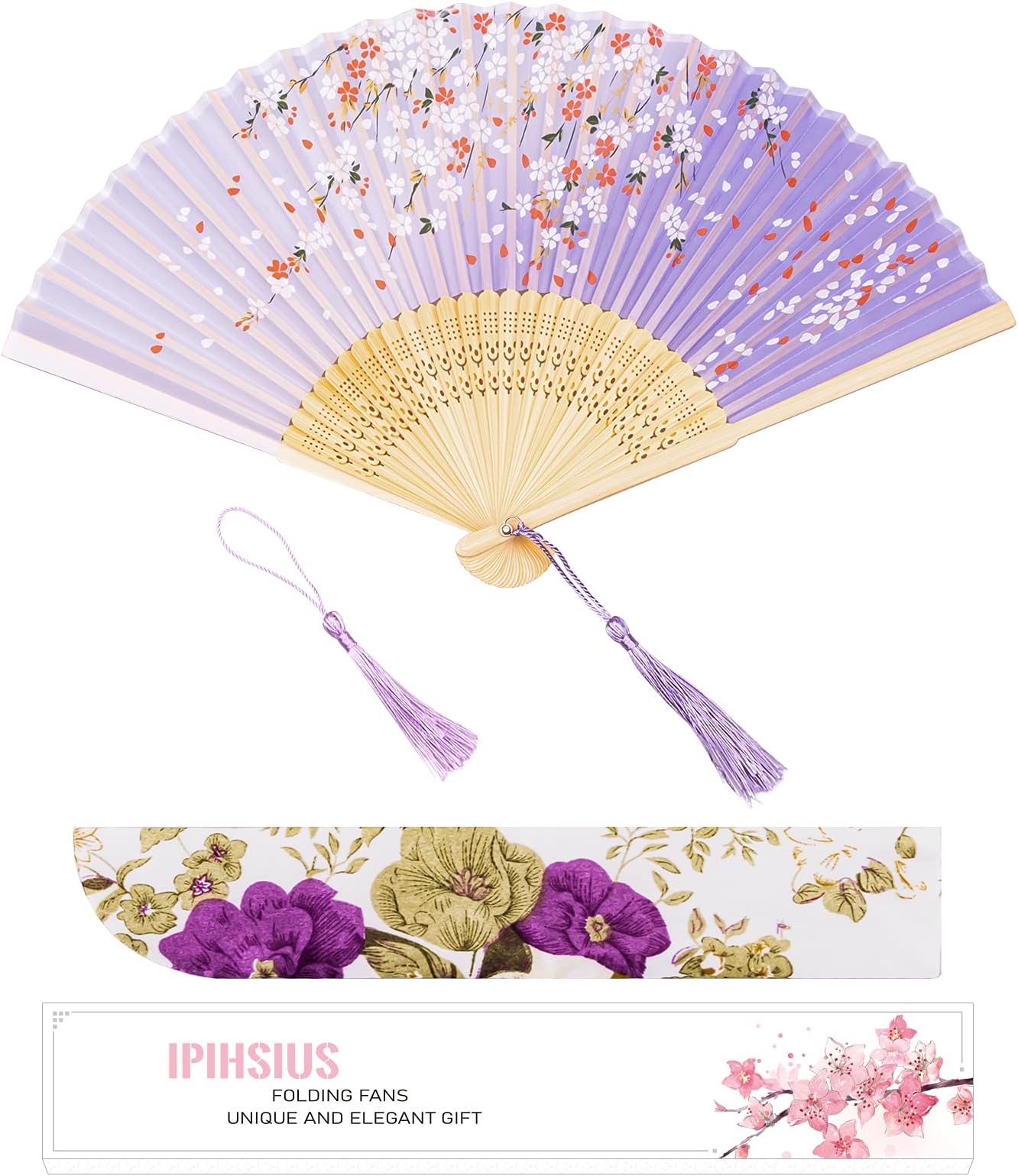 Folding Fan, Slik Folding Hand fan with First Layer Bamboo, with Storage Bag, Tassel, For Cooling, Performances, Decorations, Gifts, Classic Ink Plum Gradient Violet