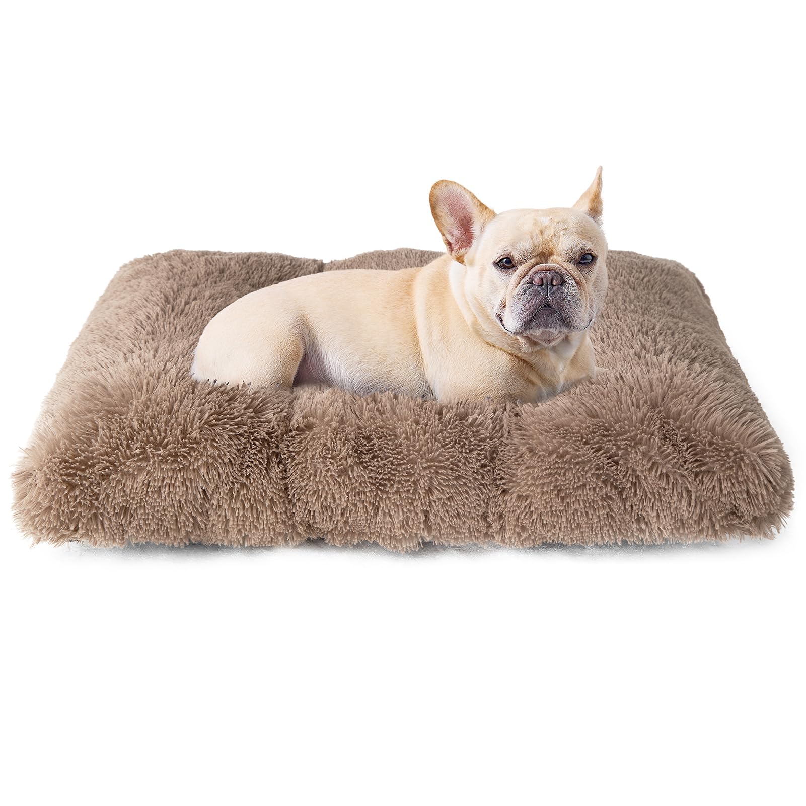 EHEYCIGA Fluffy Dog Crate Bed for Medium Dogs, Plush Faux Fur Crate Pad, Calming Anti Anxiety Medium Dog Bed for Crate, Washable Soft Warm Mat with Non-Slip Bottom, Camel