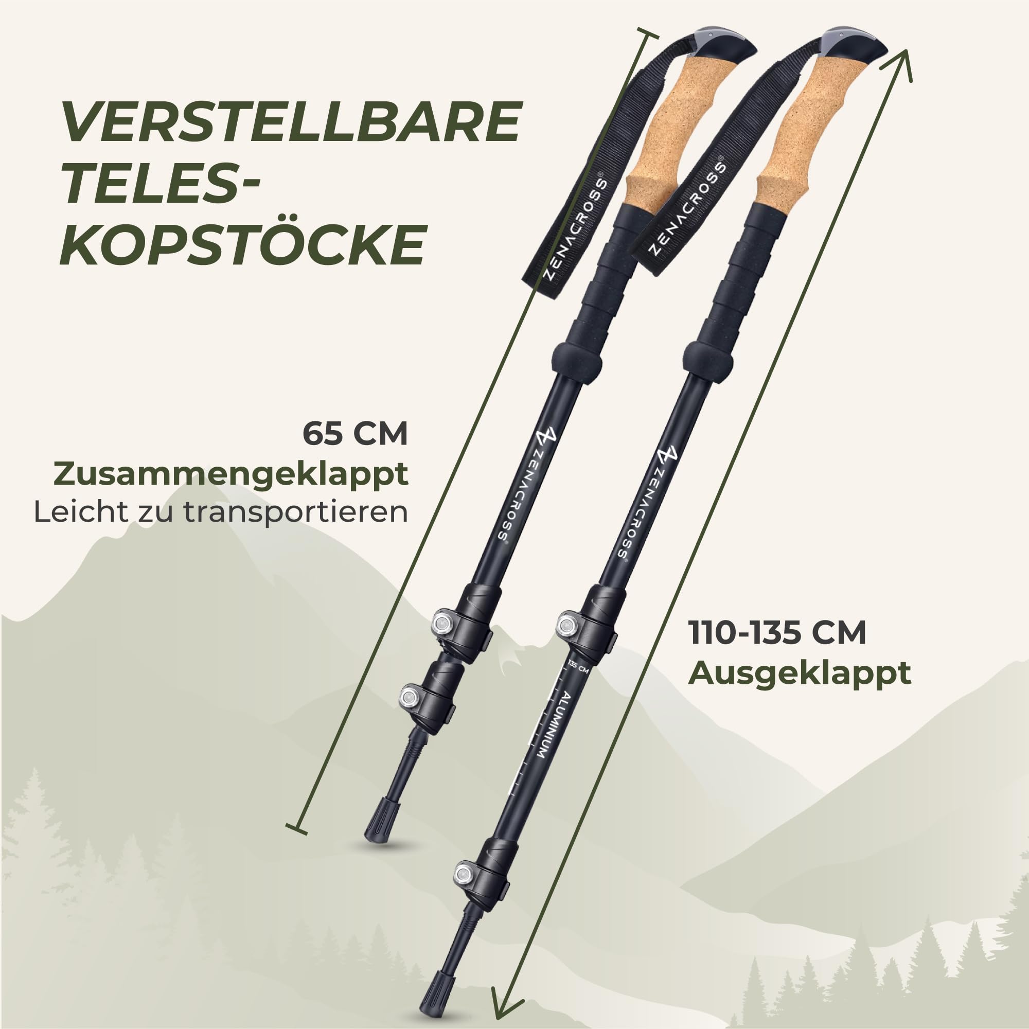 Zenacross® Wanderstöcke Teleskop - Nordic Walking Stöcke Damen/Herren Ultraleichte - Trekkingstöcke Einstellbar mit Natürlich Kork Griff - 3
