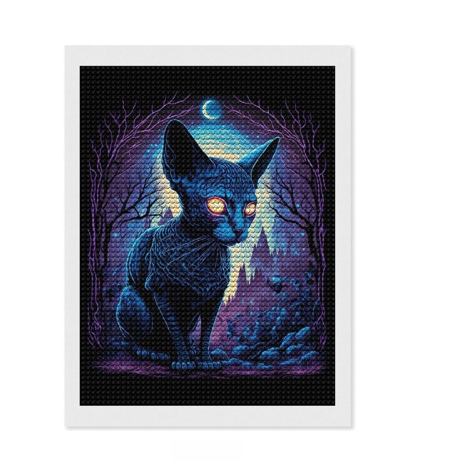 Junmoney Black Light Cat 16 Diamond Art Canvas 12"x16", Sparkling Round Gems, Neat Printed Canvas, with Tool Kit, Office Decor, Printed Canvas