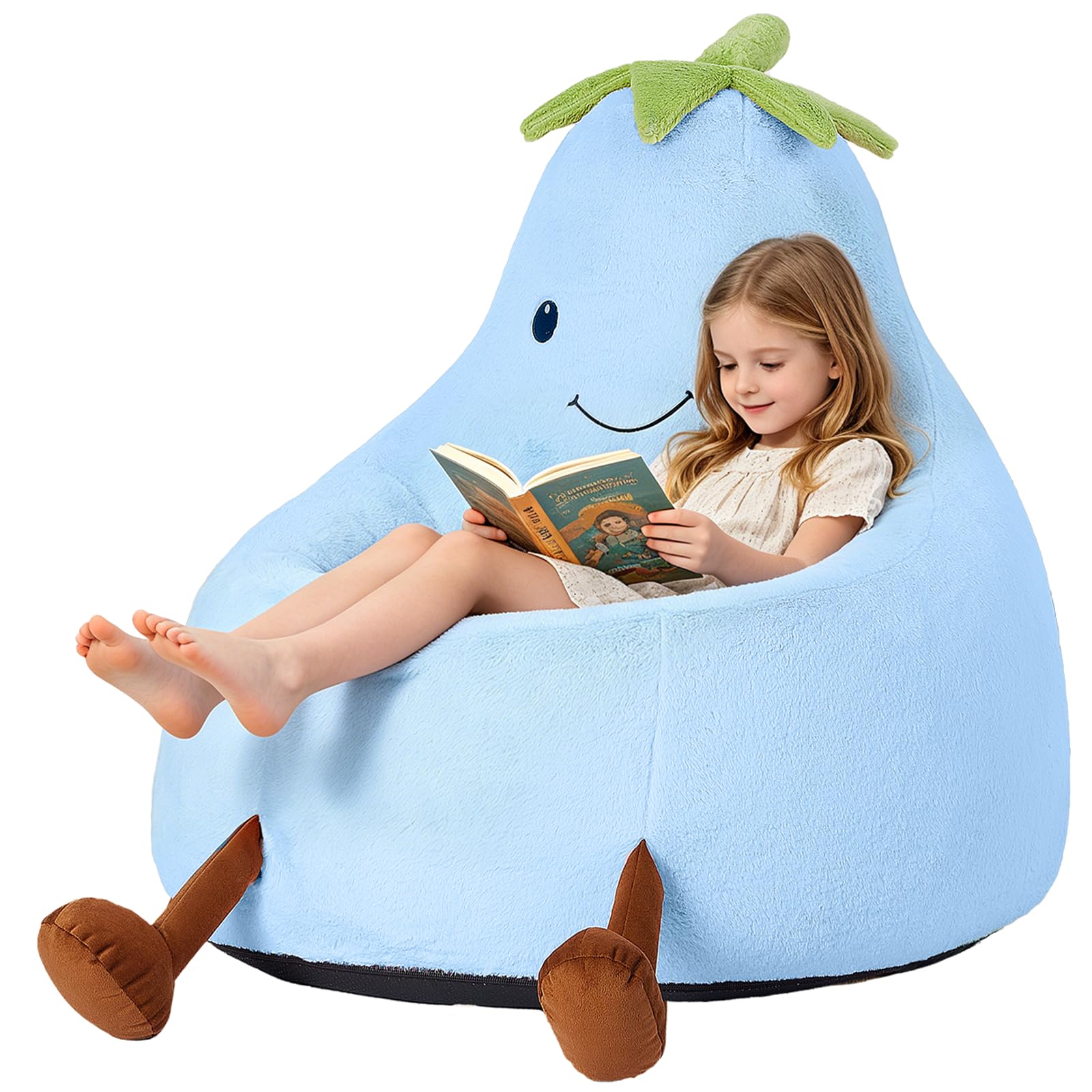 24 Inches Memory Foam Bean Bag Chair - Ultra Soft Faux Rabbit Fur Round Sofa with Handle &amp; Machine Washable Cover, Comfy Chair for Kids Teens, Perfect for Reading Gaming in Living Room Bedroom, Blue